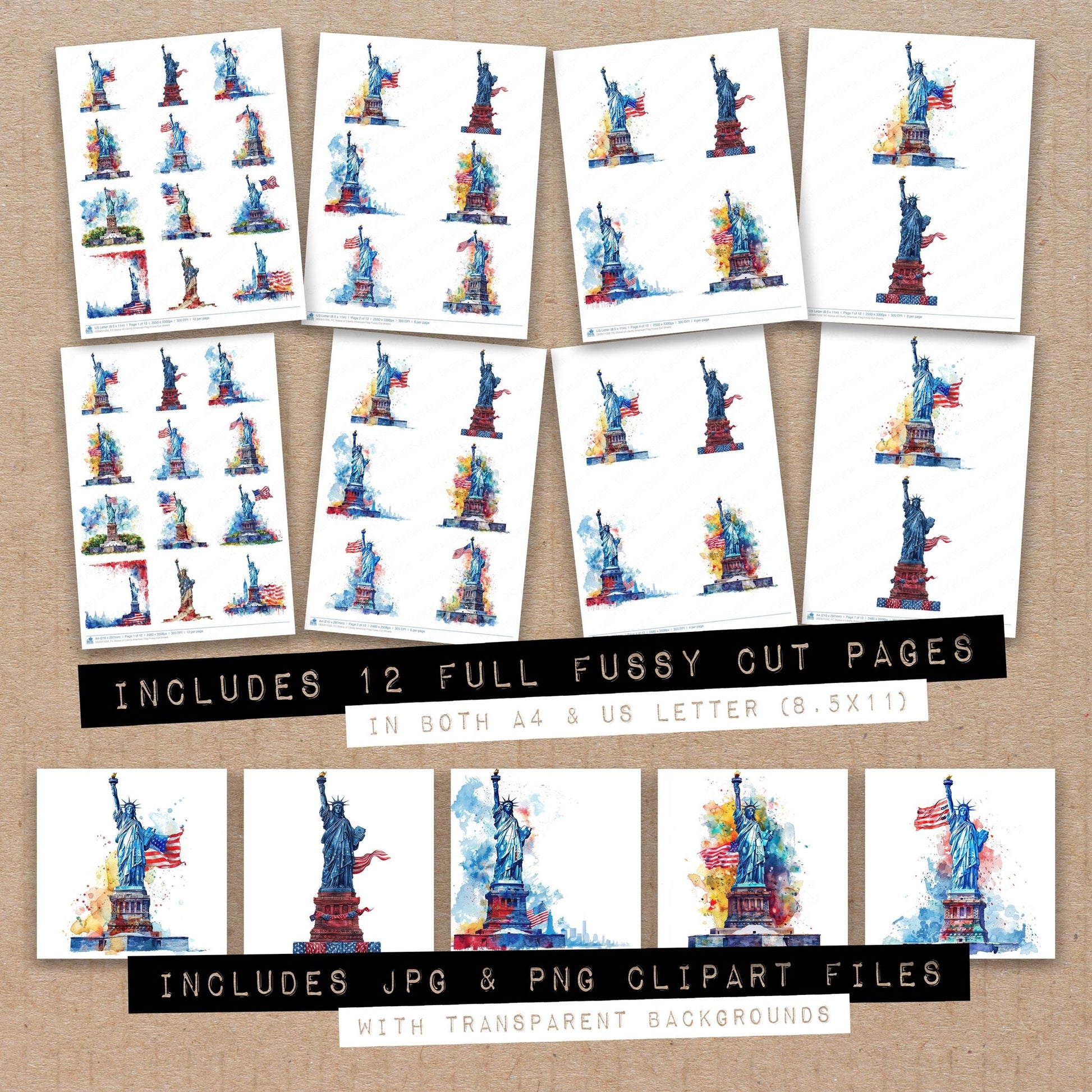 Full collection view of Statue of Liberty American Flag fussy cut sheets with bonus clipart JPG and PNG files