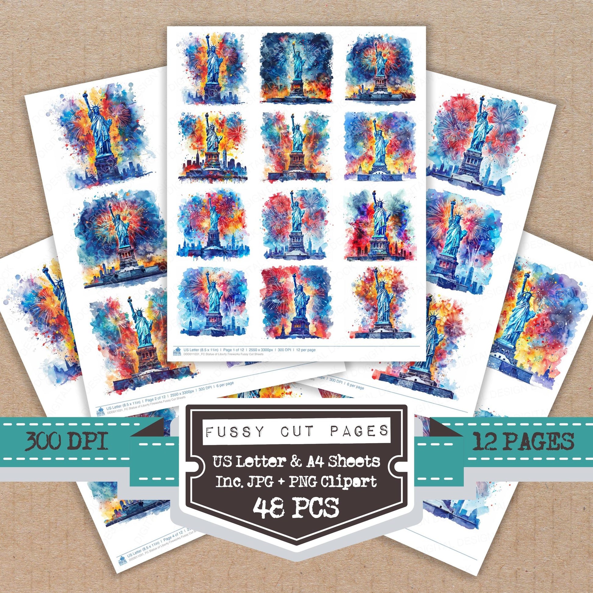 Statue of Liberty Fireworks fussy cut printable sheets for junk journaling, scrapbooking, and paper craft projects