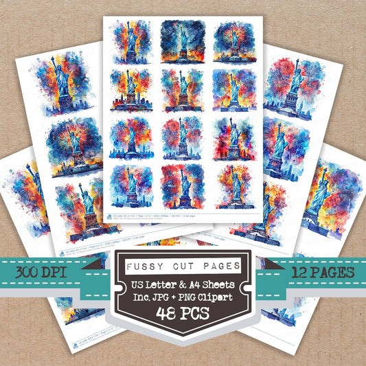 Statue of Liberty Fireworks fussy cut printable sheets for junk journaling, scrapbooking, and paper craft projects