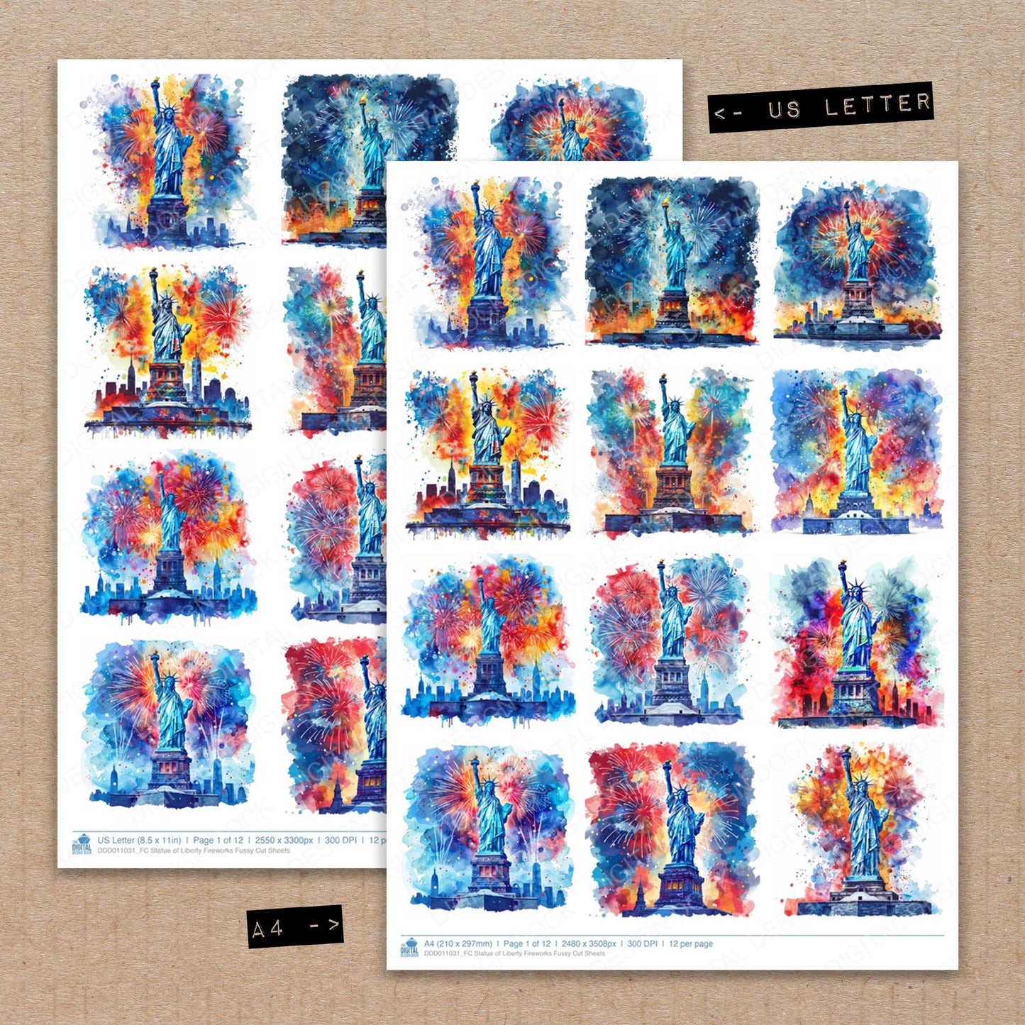 A4 and US Letter format comparison showing Statue of Liberty Fireworks fussy cut pages for print and cut crafting