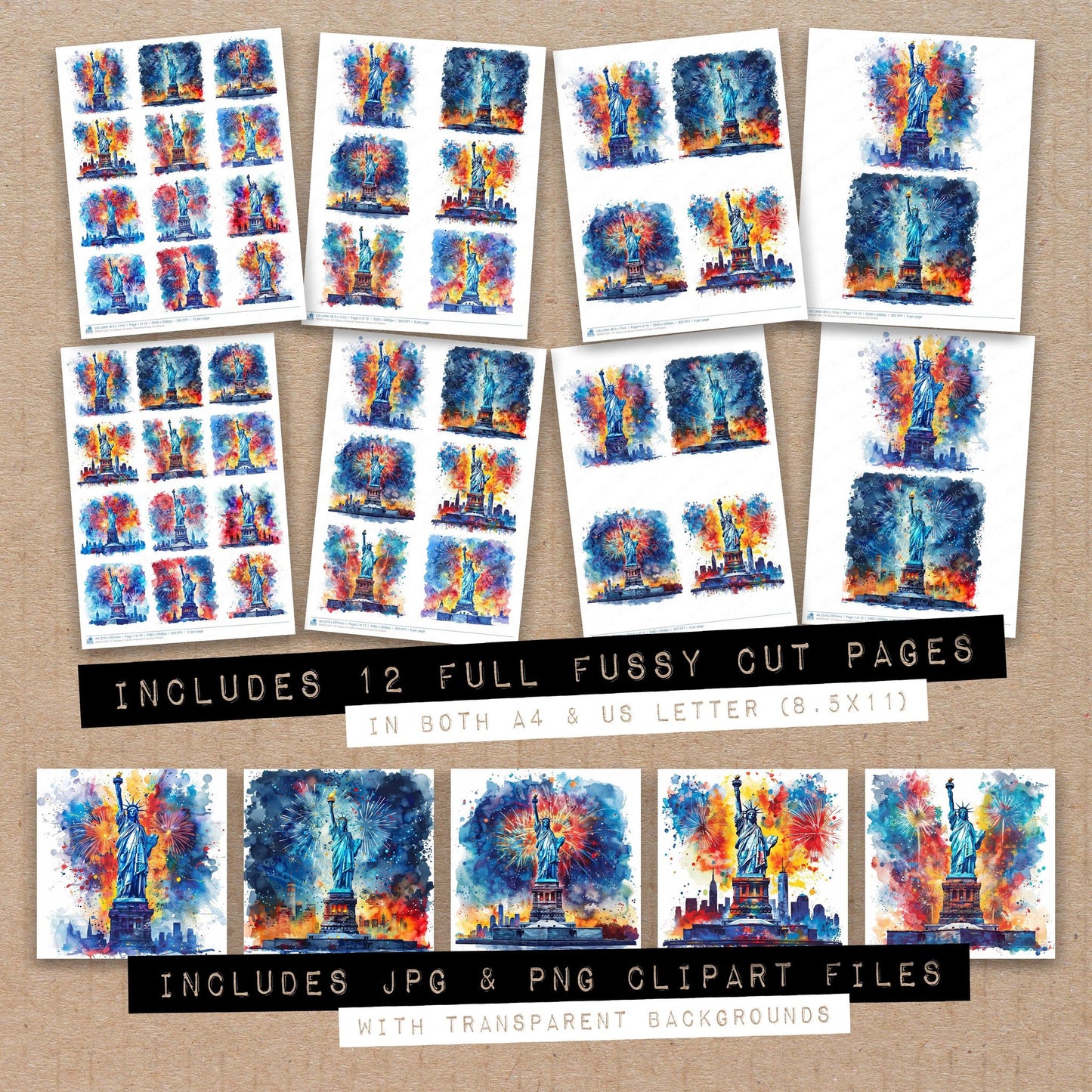 Full collection view of Statue of Liberty Fireworks fussy cut sheets with bonus clipart JPG and PNG files
