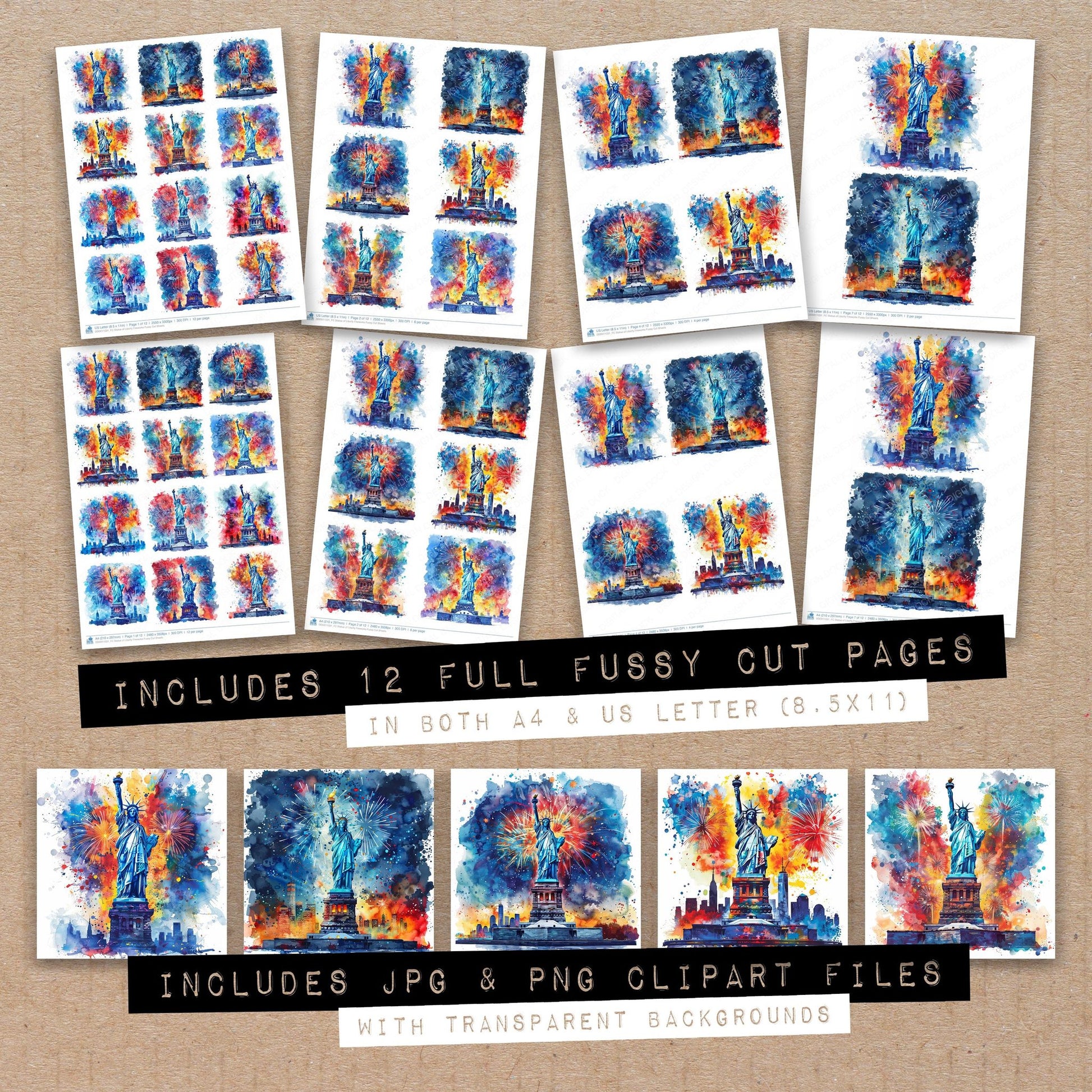 Full collection view of Statue of Liberty Fireworks fussy cut sheets with bonus clipart JPG and PNG files