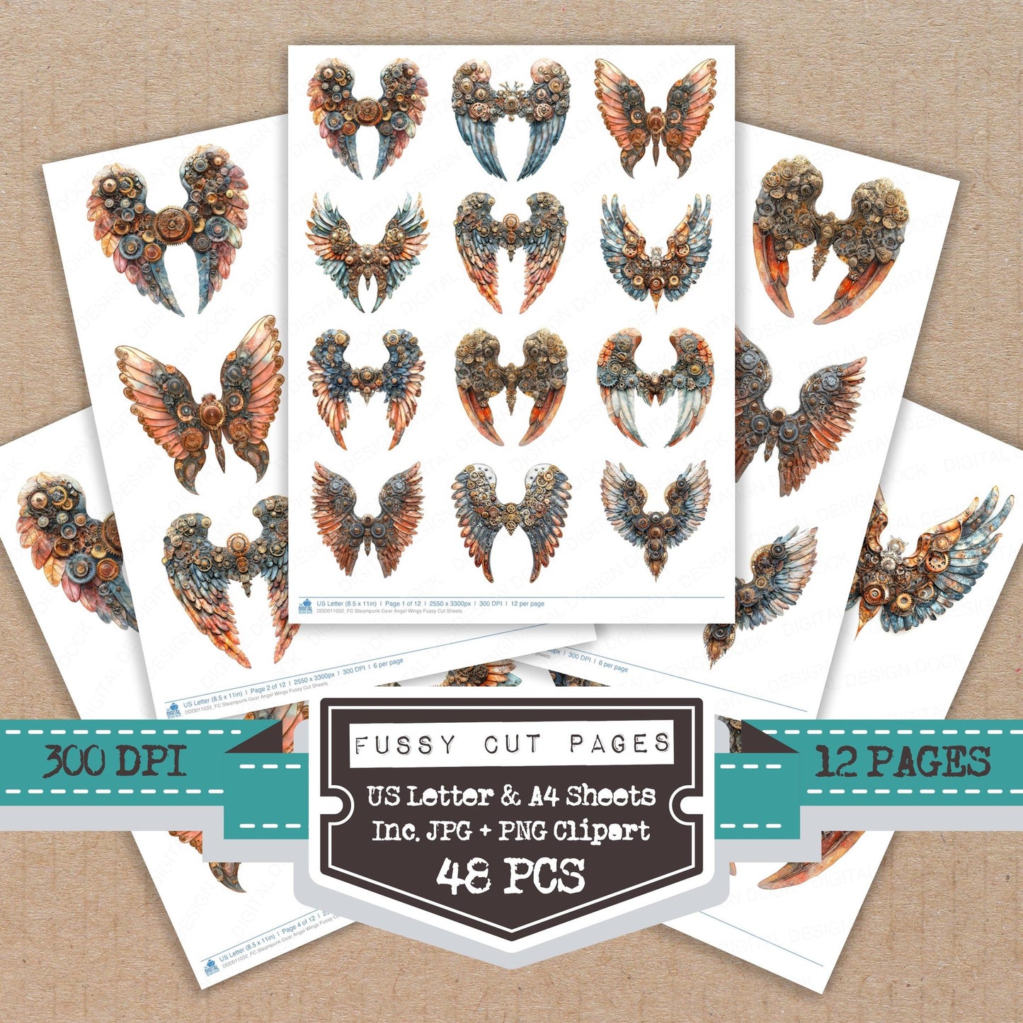 Steampunk Gear Angel Wings fussy cut printable sheets for junk journaling, scrapbooking, and paper craft projects