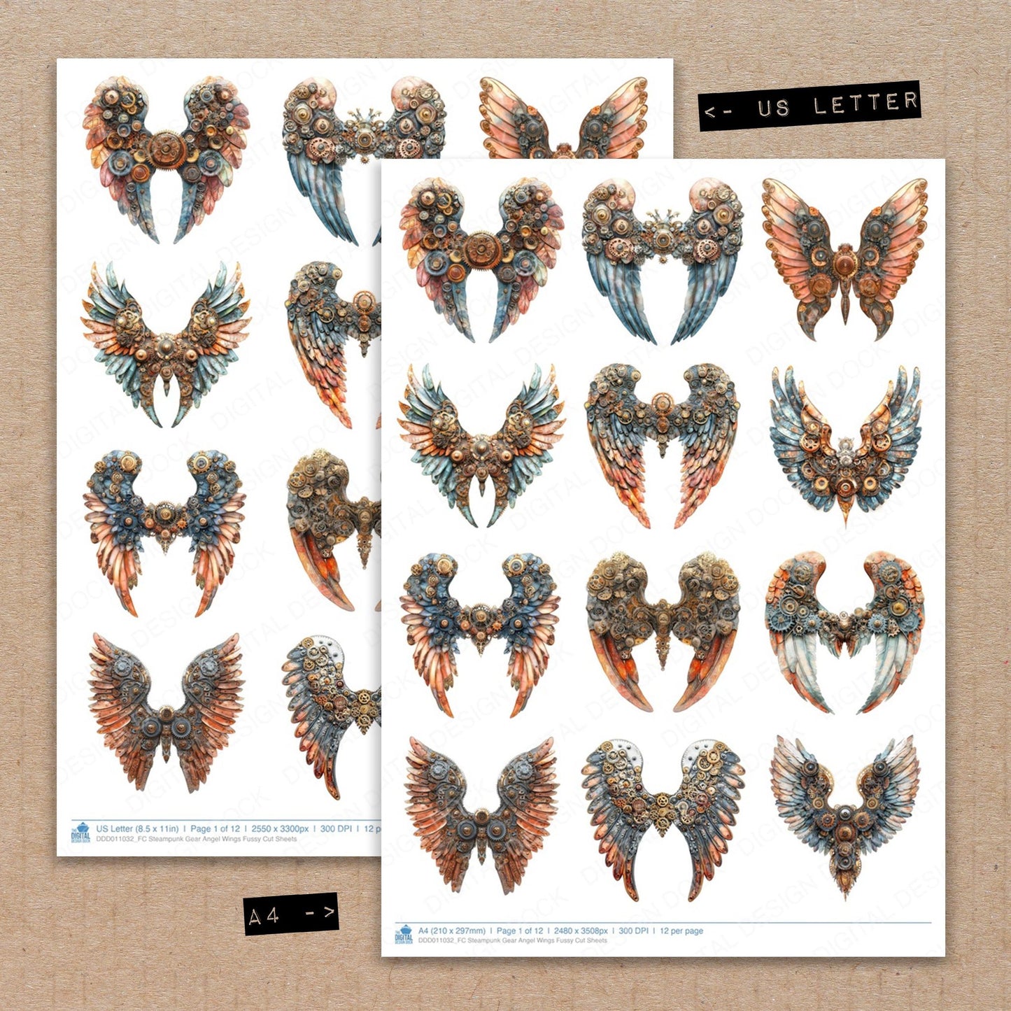 A4 and US Letter format comparison showing Steampunk Gear Angel Wings fussy cut pages for print and cut crafting