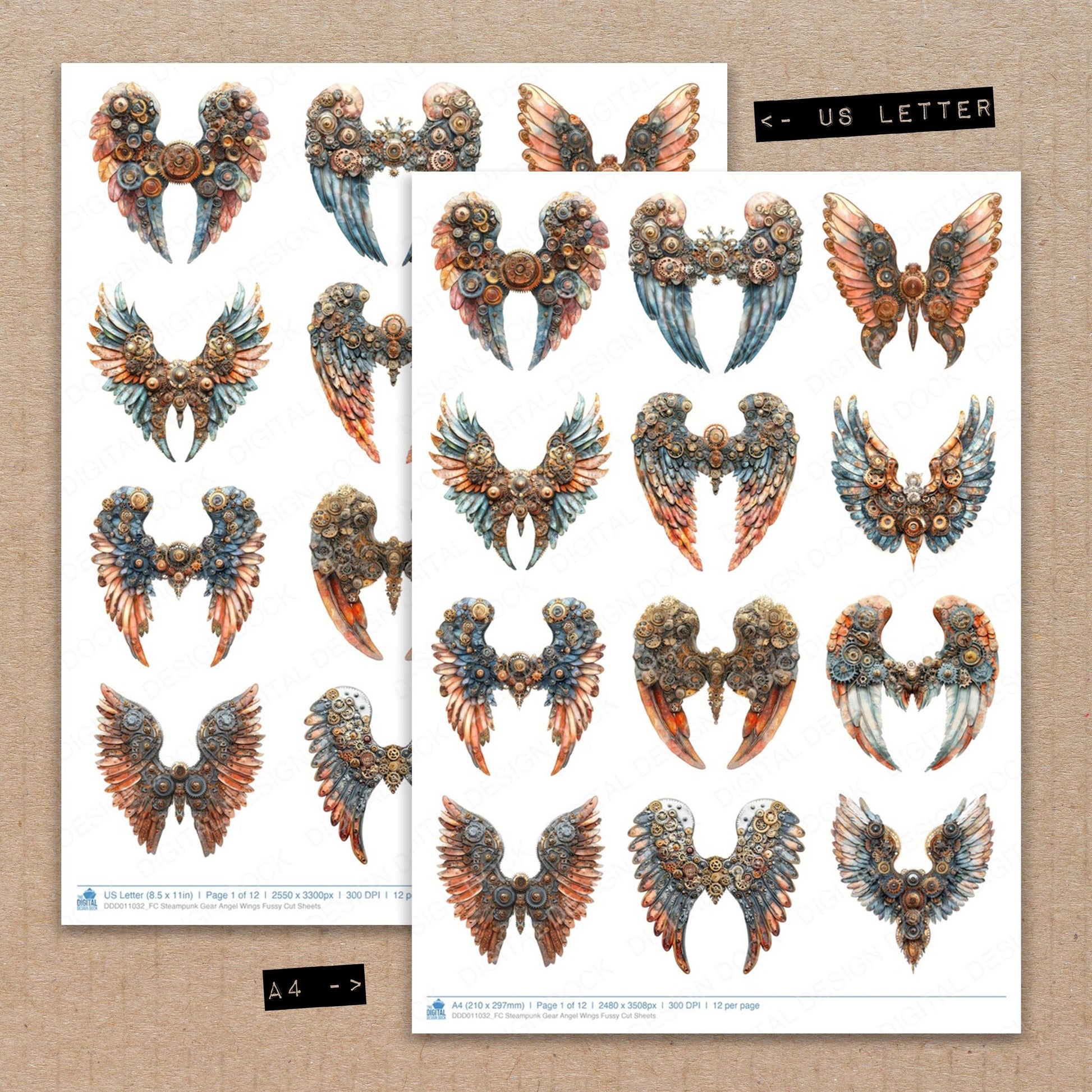 A4 and US Letter format comparison showing Steampunk Gear Angel Wings fussy cut pages for print and cut crafting