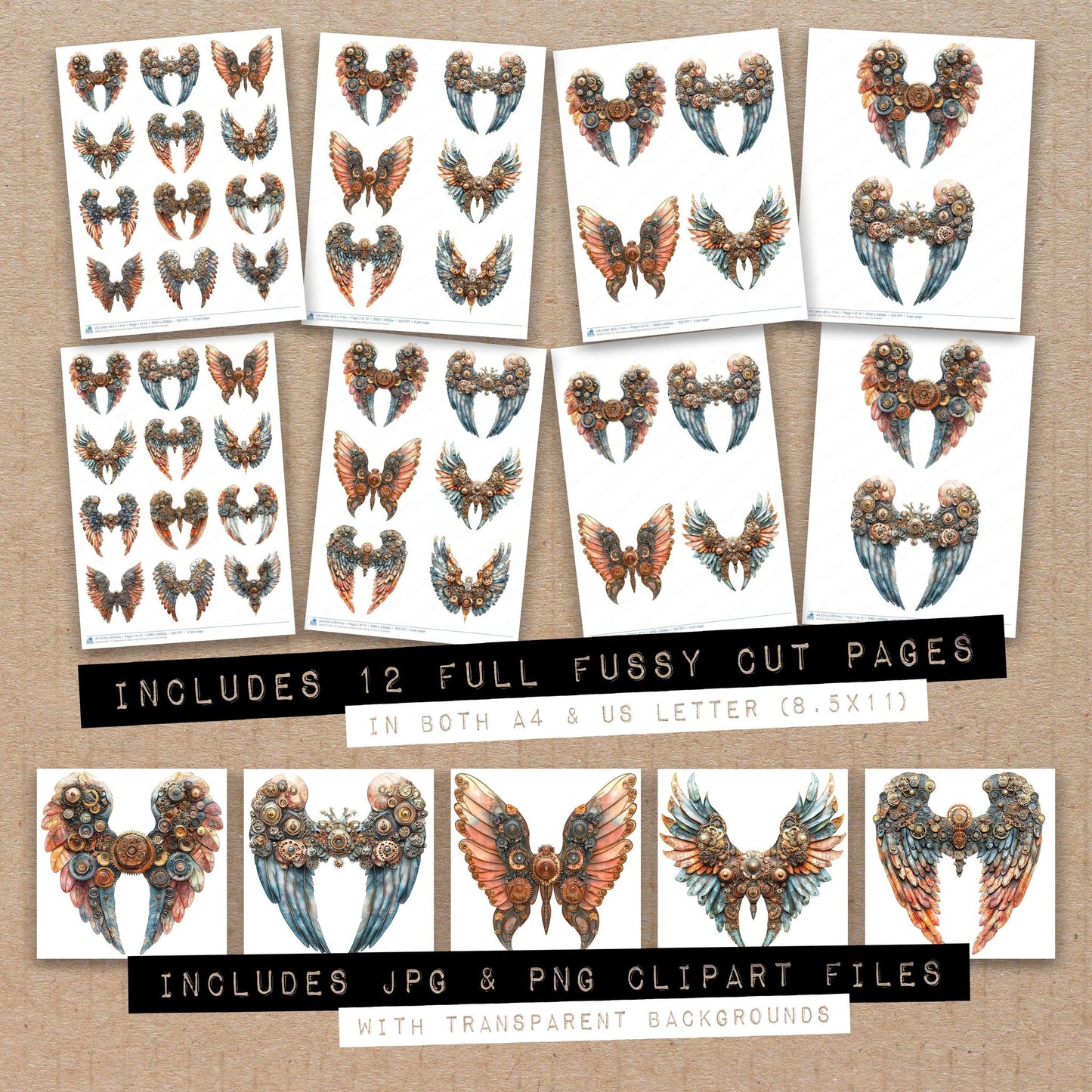 Full collection view of Steampunk Gear Angel Wings fussy cut sheets with bonus clipart JPG and PNG files