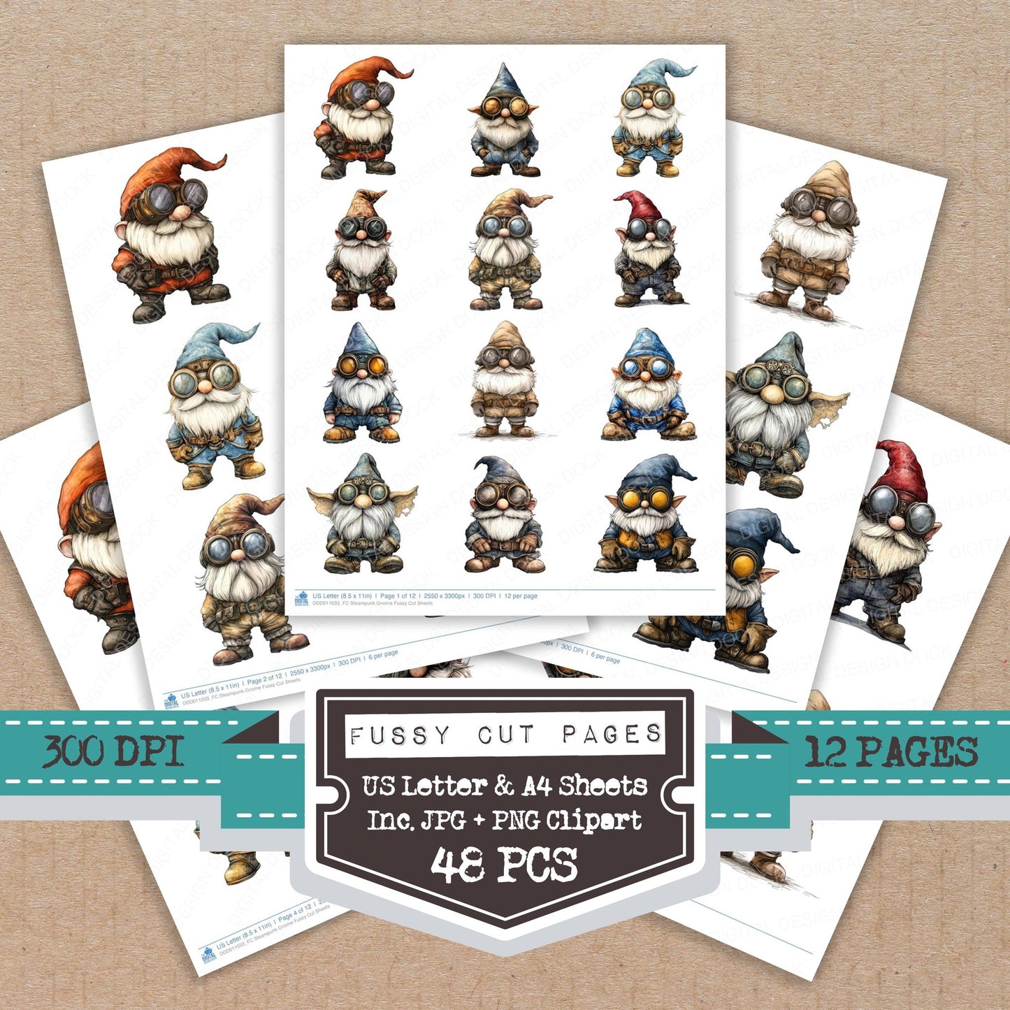 Steampunk Gnome fussy cut printable sheets for junk journaling, scrapbooking, and paper craft projects