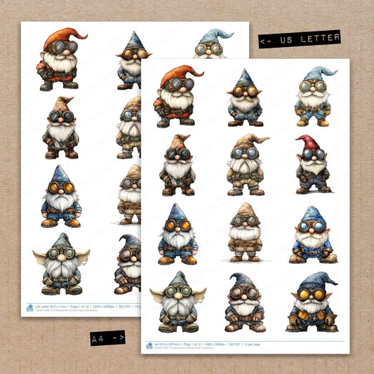 A4 and US Letter format comparison showing Steampunk Gnome fussy cut pages for print and cut crafting