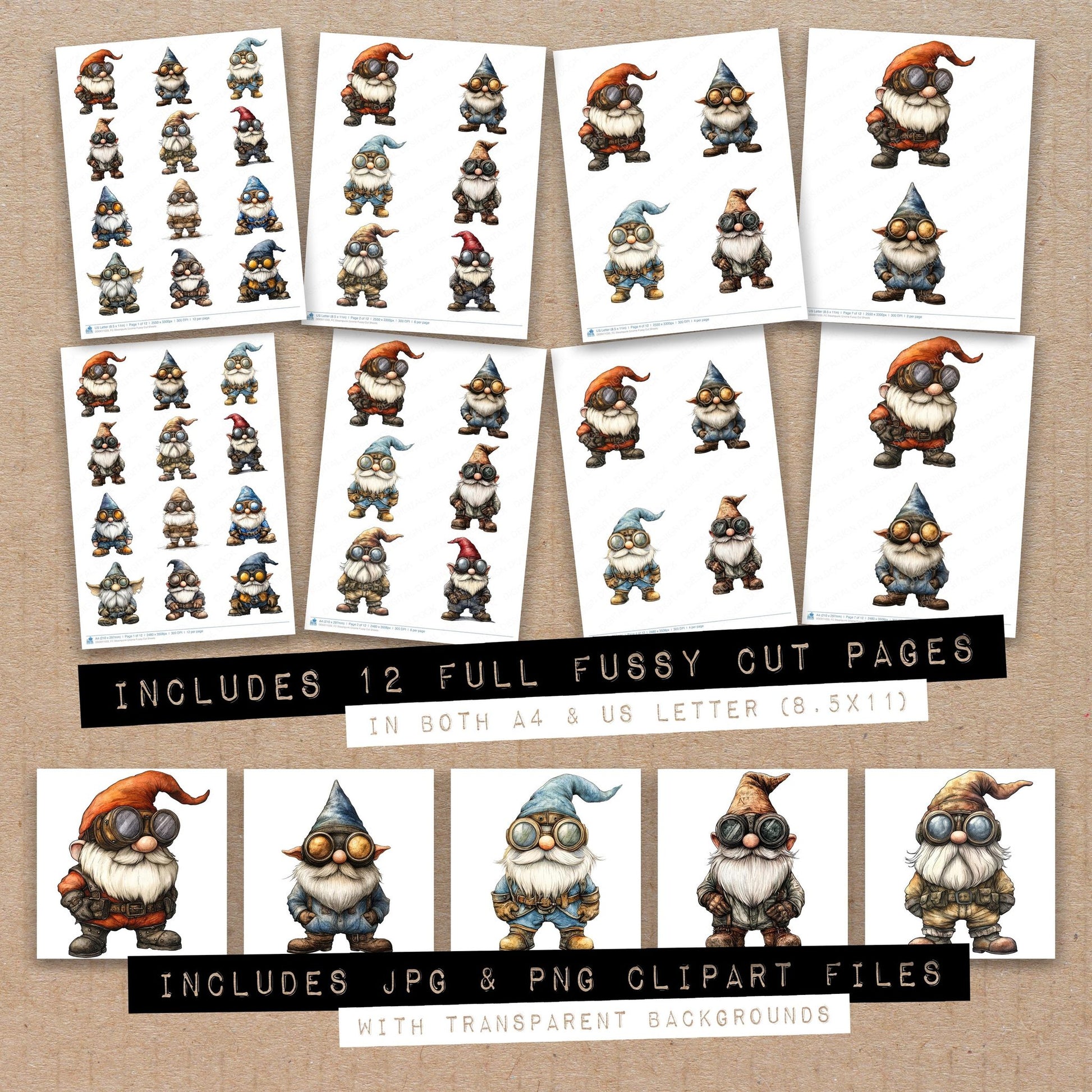 Full collection view of Steampunk Gnome fussy cut sheets with bonus clipart JPG and PNG files