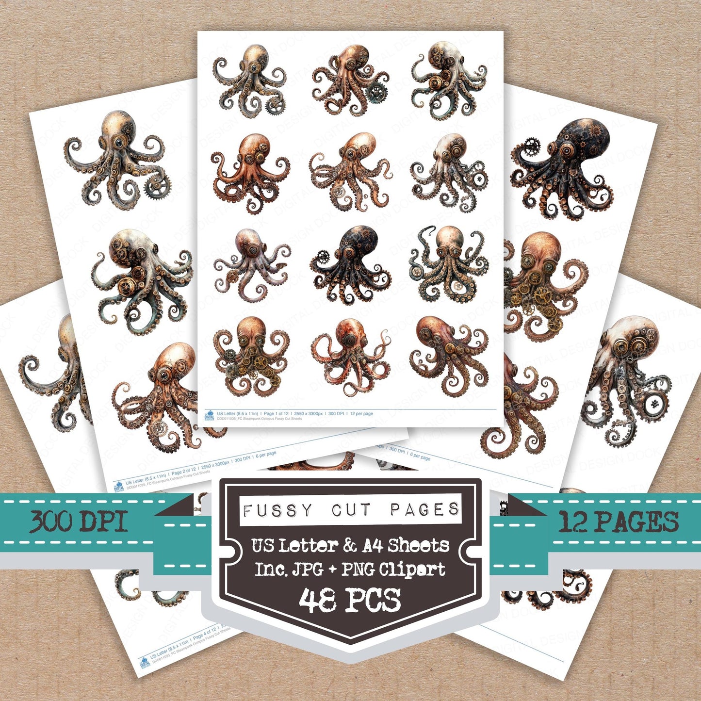 Steampunk Octopus fussy cut printable sheets for junk journaling, scrapbooking, and paper craft projects