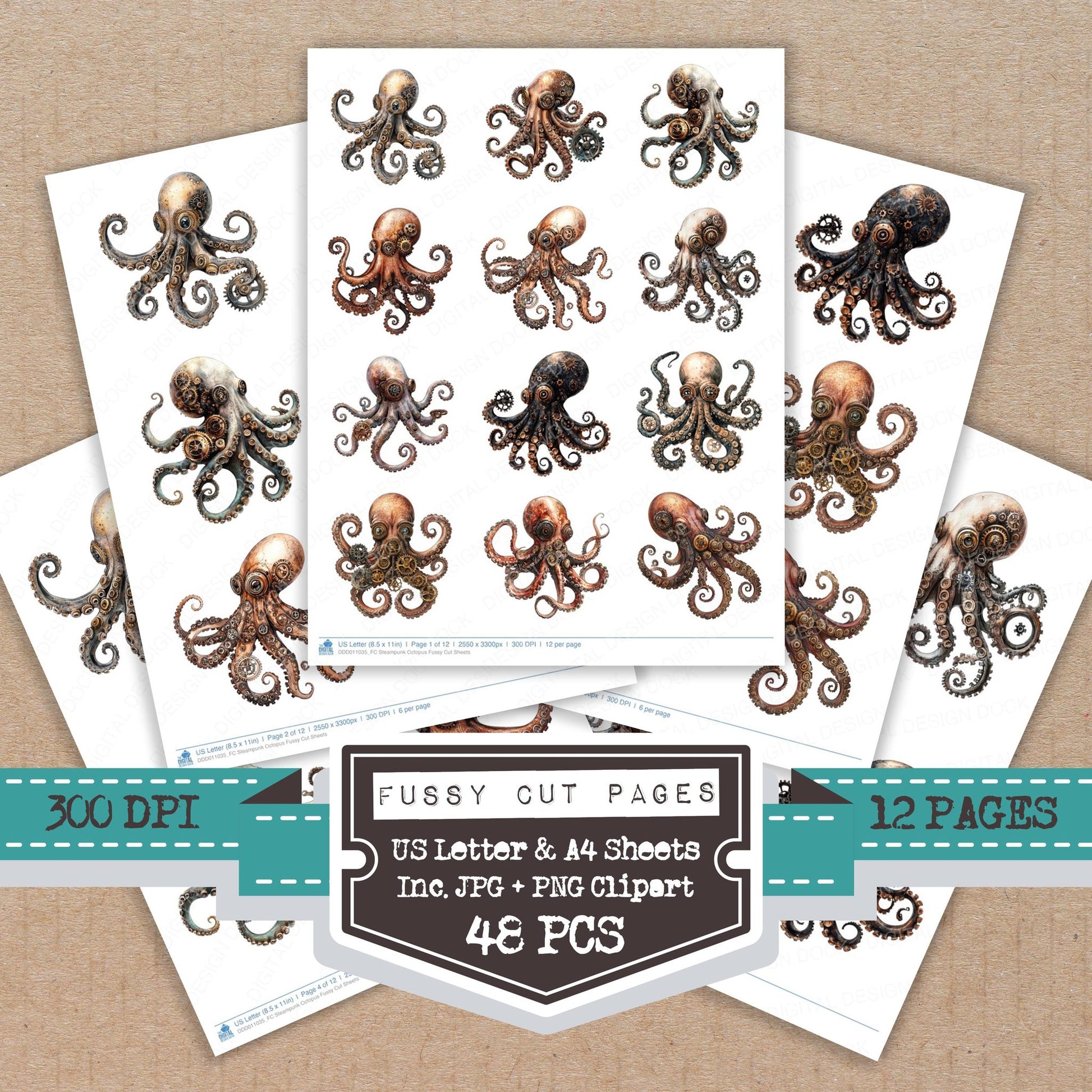 Steampunk Octopus fussy cut printable sheets for junk journaling, scrapbooking, and paper craft projects