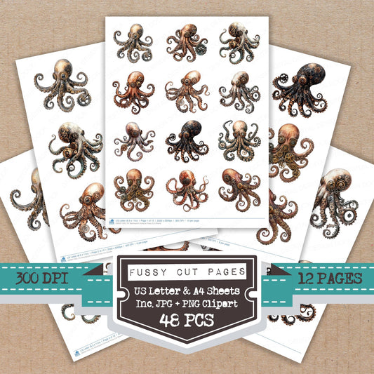 Steampunk Octopus fussy cut printable sheets for junk journaling, scrapbooking, and paper craft projects