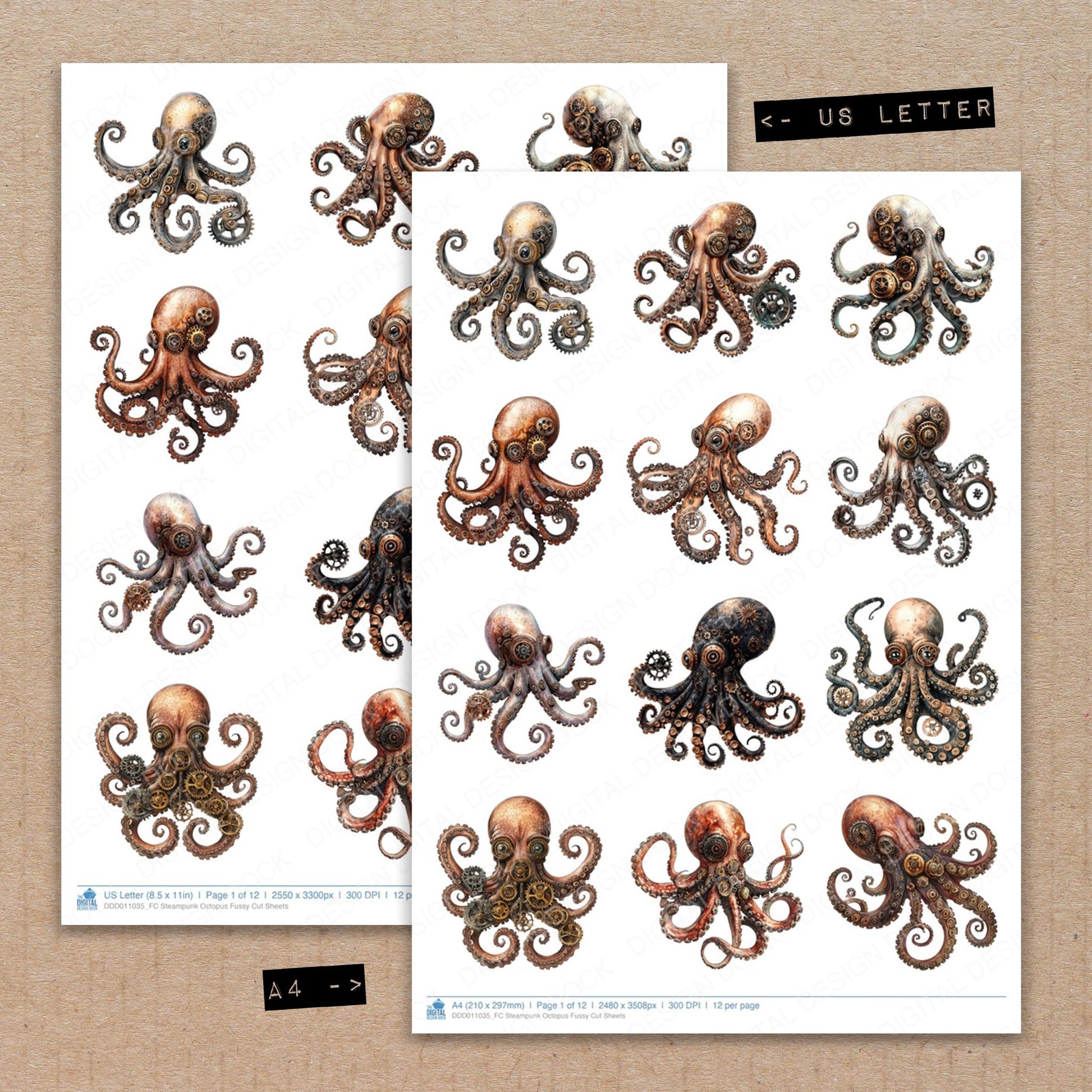 A4 and US Letter format comparison showing Steampunk Octopus fussy cut pages for print and cut crafting