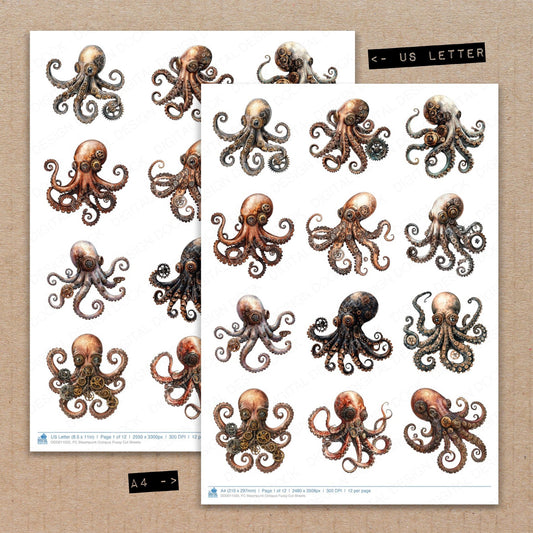 A4 and US Letter format comparison showing Steampunk Octopus fussy cut pages for print and cut crafting