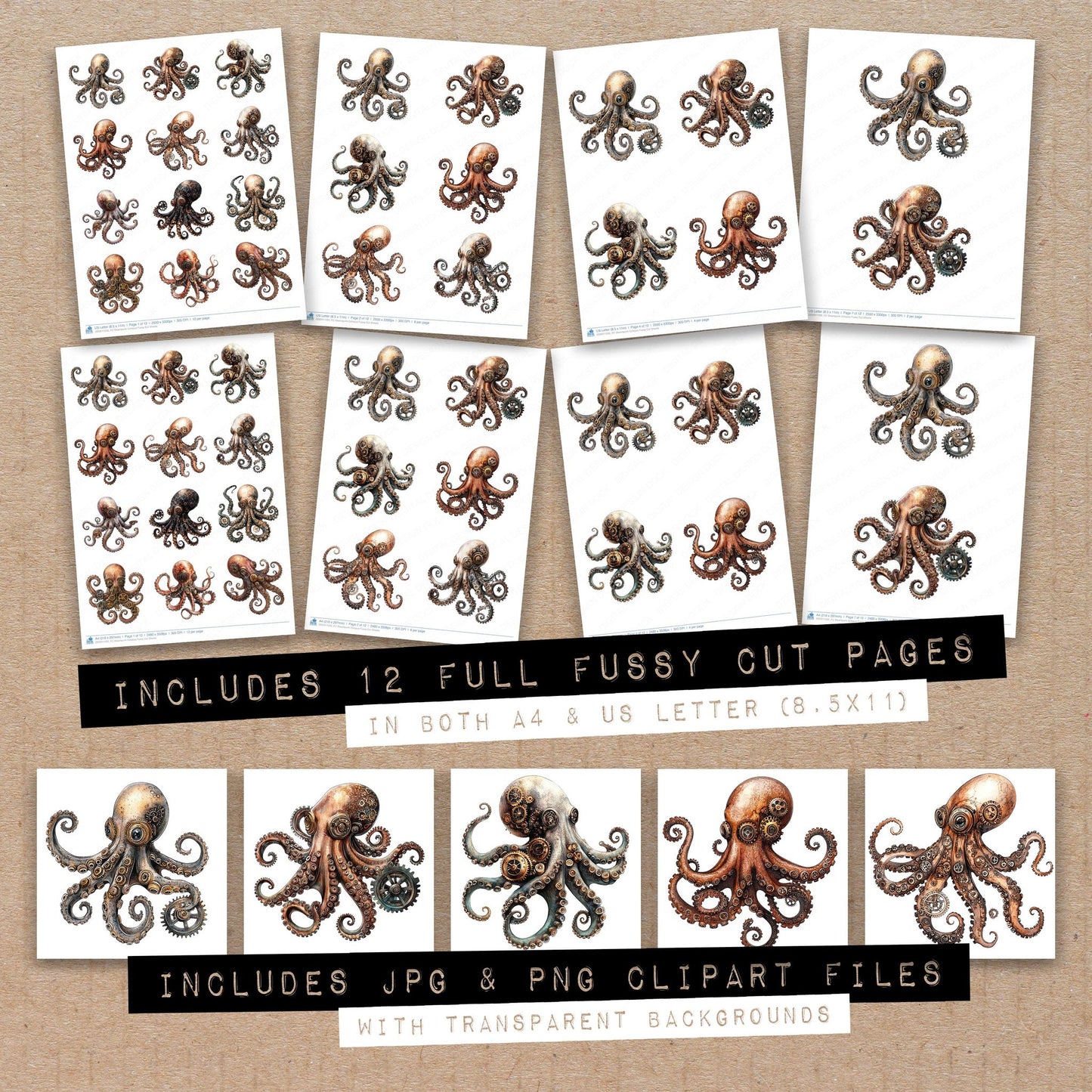 Full collection view of Steampunk Octopus fussy cut sheets with bonus clipart JPG and PNG files