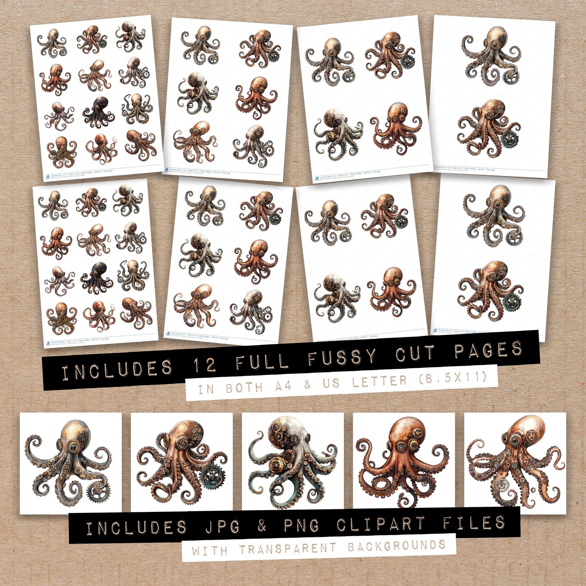 Full collection view of Steampunk Octopus fussy cut sheets with bonus clipart JPG and PNG files