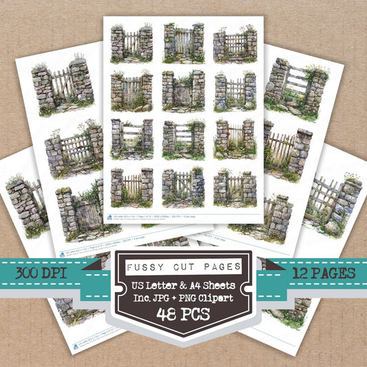 Stine Wall Front Graden Gate fussy cut printable sheets for junk journaling, scrapbooking, and paper craft projects