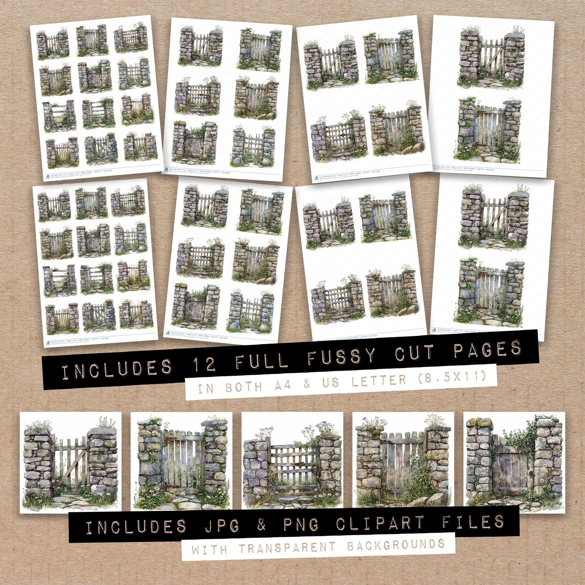 Full collection view of Stine Wall Front Graden Gate fussy cut sheets with bonus clipart JPG and PNG files