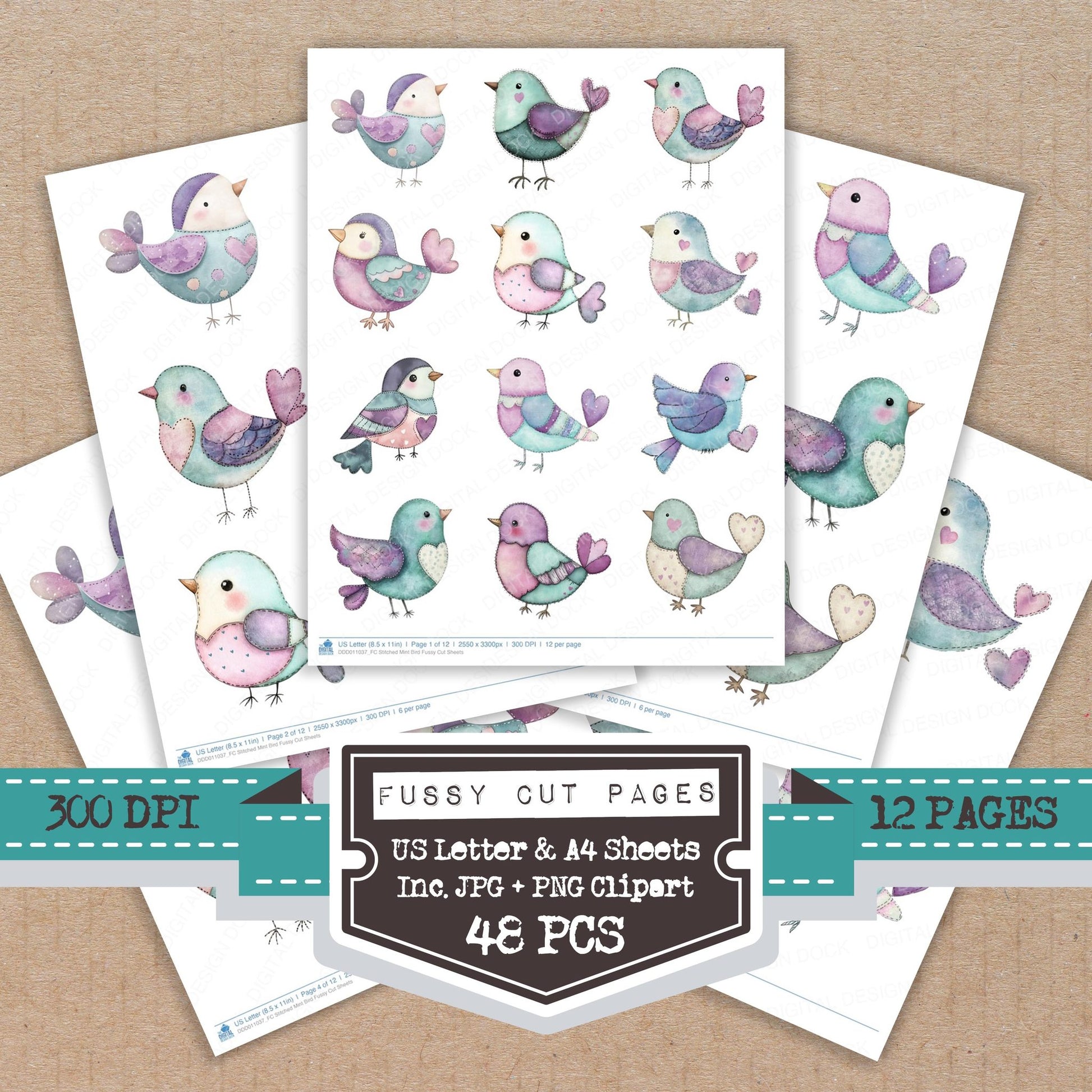 Stitched Mint Bird fussy cut printable sheets for junk journaling, scrapbooking, and paper craft projects