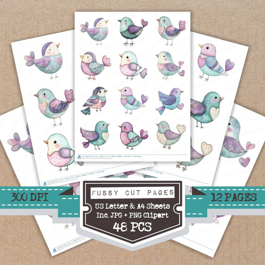 Stitched Mint Bird fussy cut printable sheets for junk journaling, scrapbooking, and paper craft projects