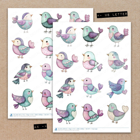 A4 and US Letter format comparison showing Stitched Mint Bird fussy cut pages for print and cut crafting