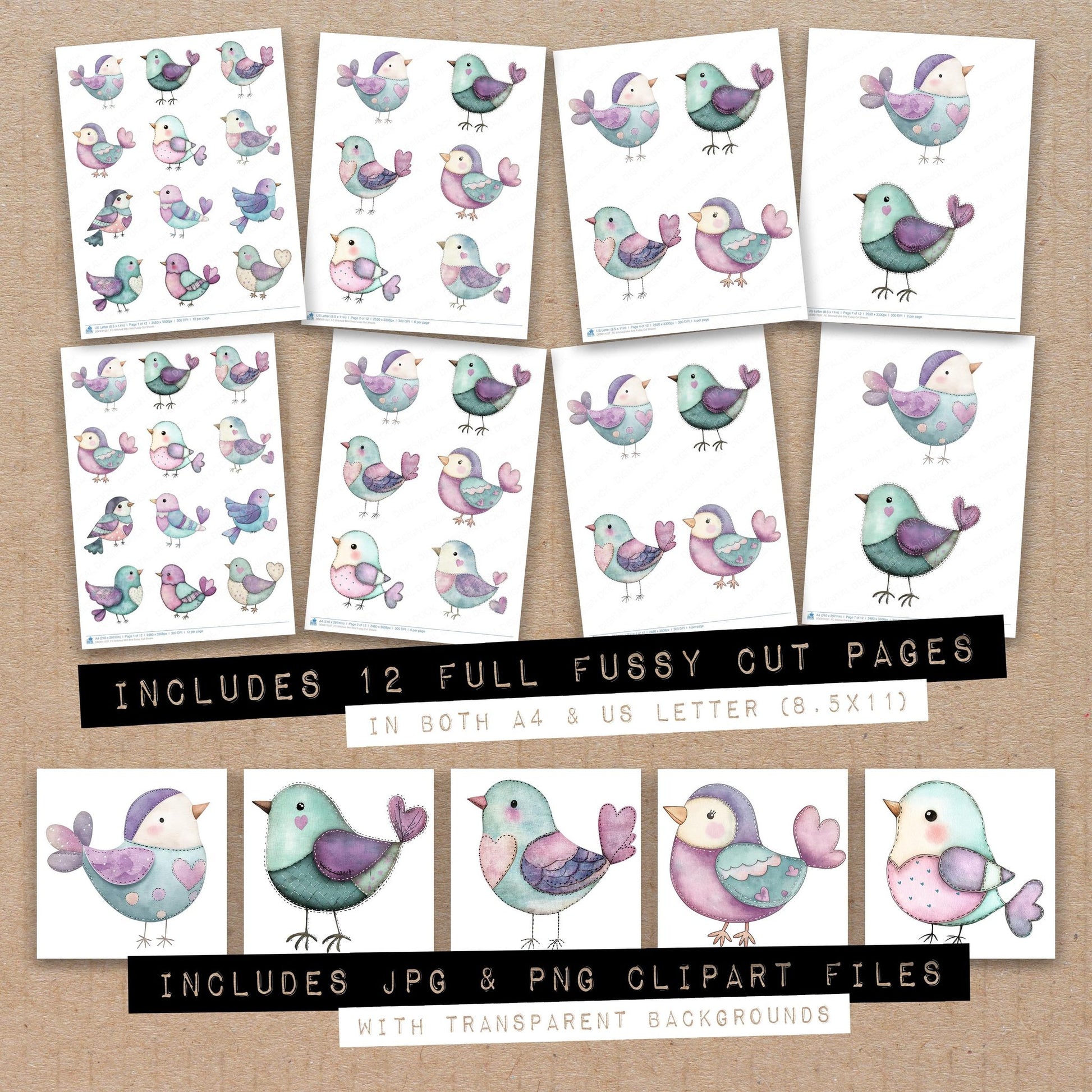 Full collection view of Stitched Mint Bird fussy cut sheets with bonus clipart JPG and PNG files