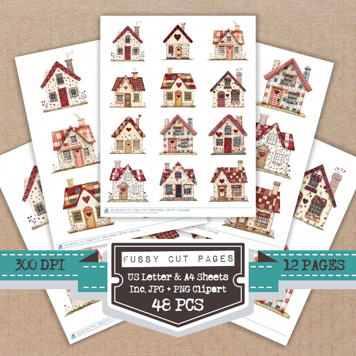 Stitched Patchwork House fussy cut printable sheets for junk journaling, scrapbooking, and paper craft projects