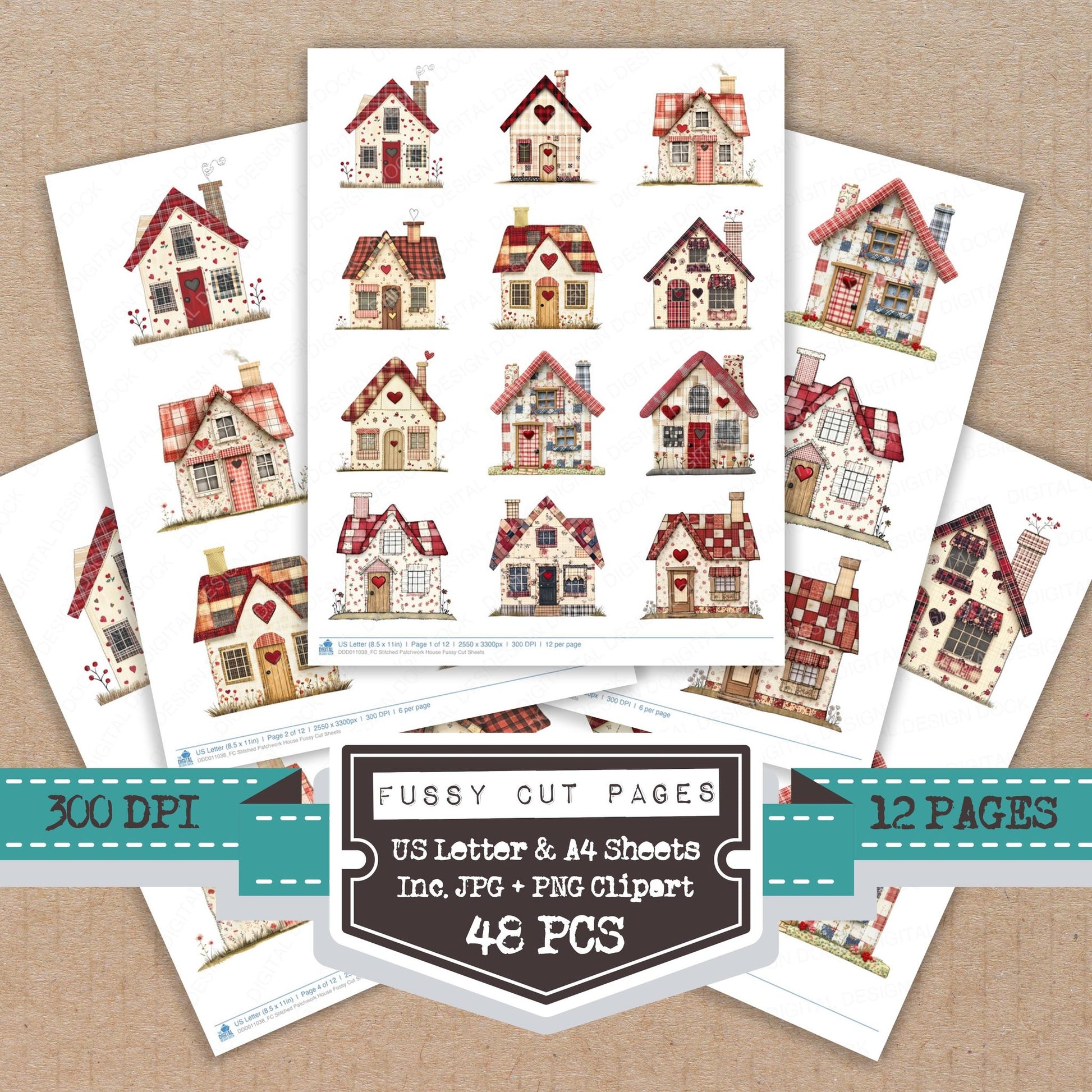 Stitched Patchwork House fussy cut printable sheets for junk journaling, scrapbooking, and paper craft projects
