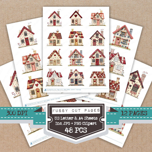 Stitched Patchwork House fussy cut printable sheets for junk journaling, scrapbooking, and paper craft projects