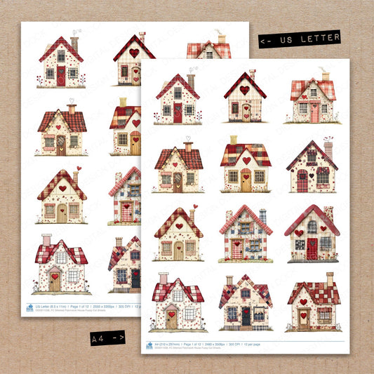 A4 and US Letter format comparison showing Stitched Patchwork House fussy cut pages for print and cut crafting