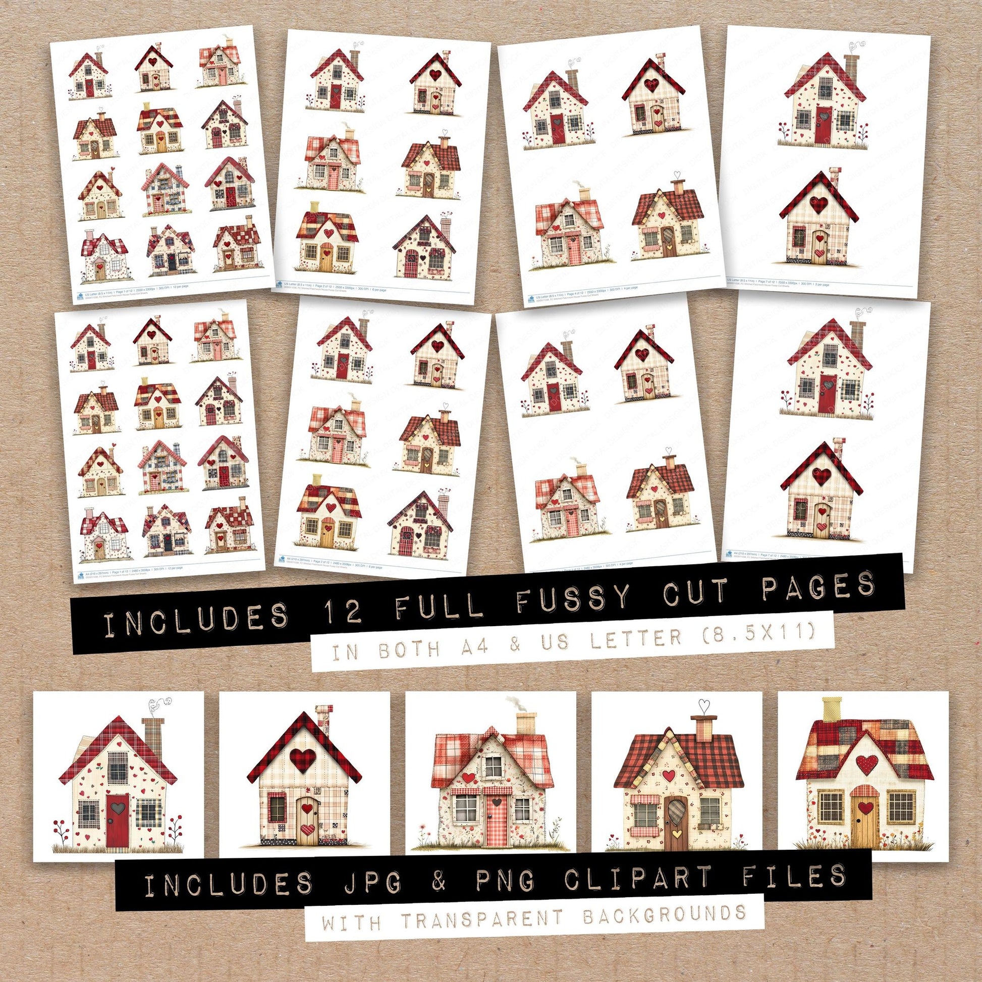 Full collection view of Stitched Patchwork House fussy cut sheets with bonus clipart JPG and PNG files