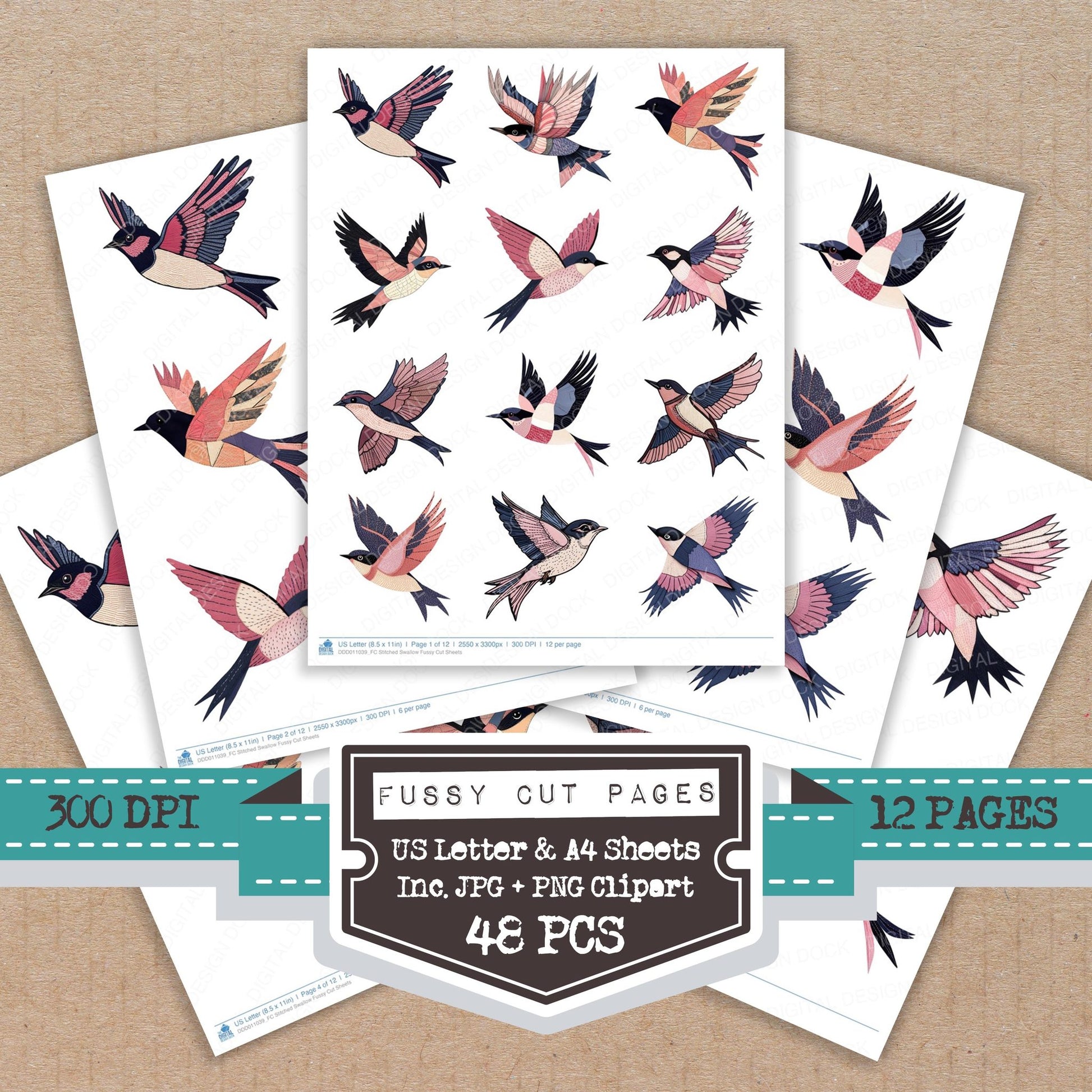Stitched Swallow fussy cut printable sheets for junk journaling, scrapbooking, and paper craft projects