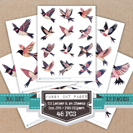 Stitched Swallow fussy cut printable sheets for junk journaling, scrapbooking, and paper craft projects