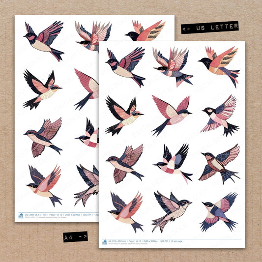 A4 and US Letter format comparison showing Stitched Swallow fussy cut pages for print and cut crafting