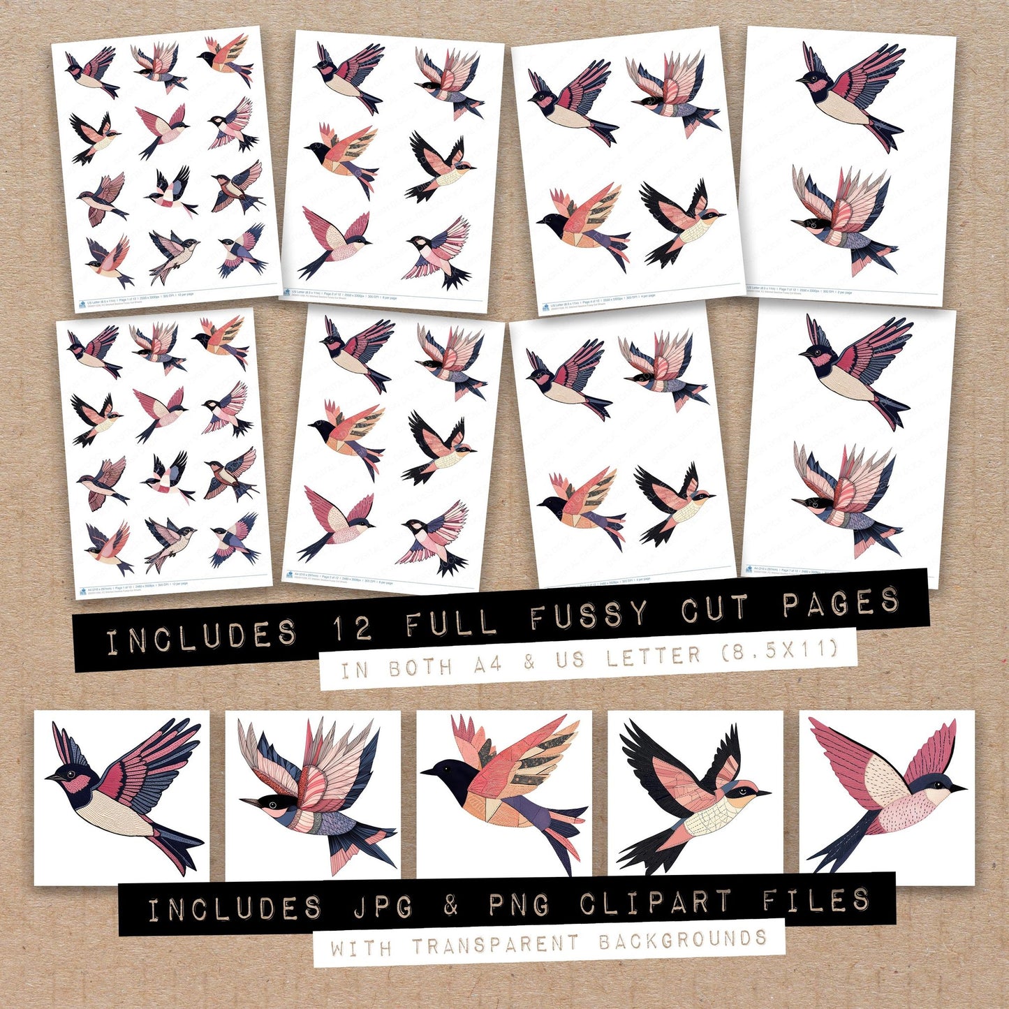 Full collection view of Stitched Swallow fussy cut sheets with bonus clipart JPG and PNG files
