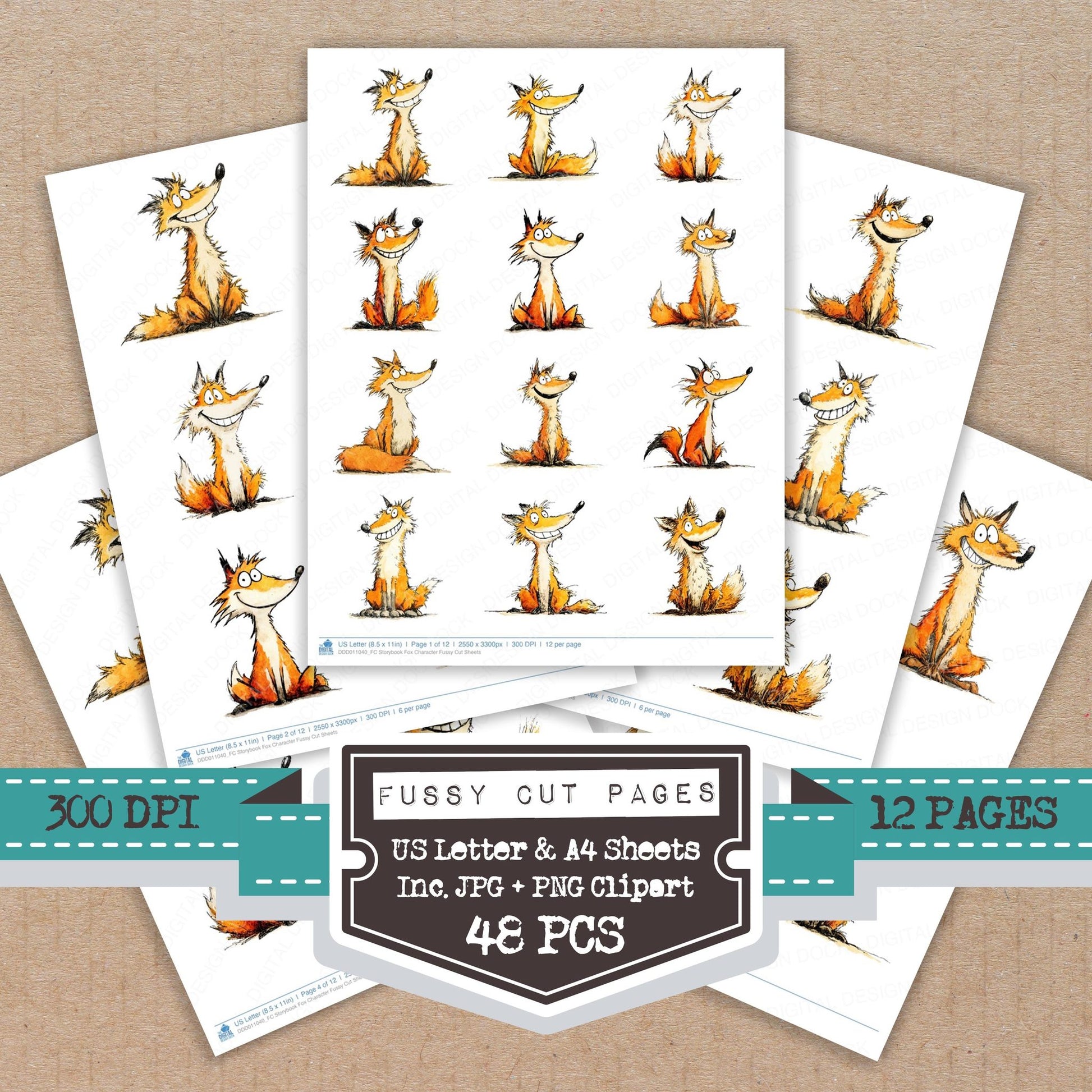 Storybook Fox Character fussy cut printable sheets for junk journaling, scrapbooking, and paper craft projects