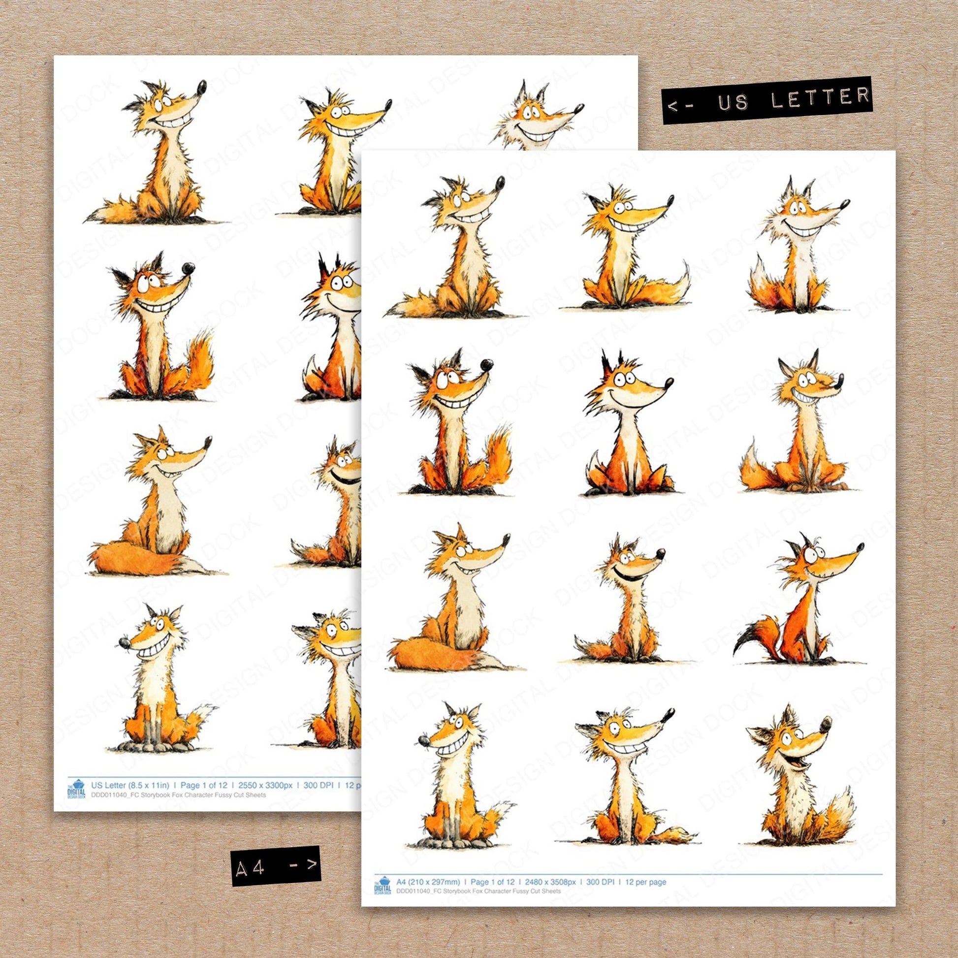 A4 and US Letter format comparison showing Storybook Fox Character fussy cut pages for print and cut crafting