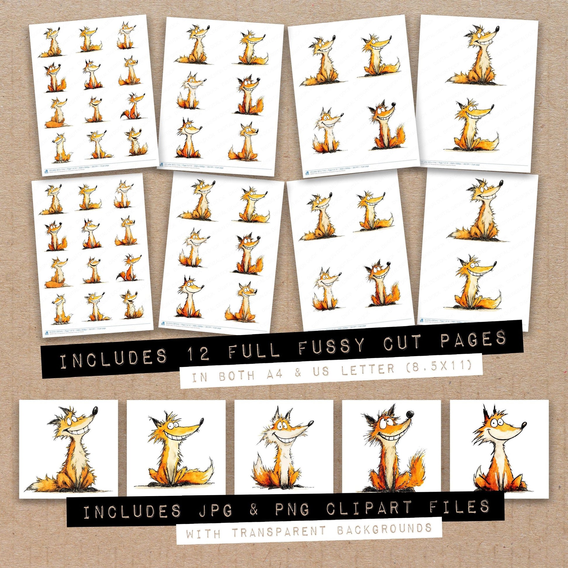 Full collection view of Storybook Fox Character fussy cut sheets with bonus clipart JPG and PNG files