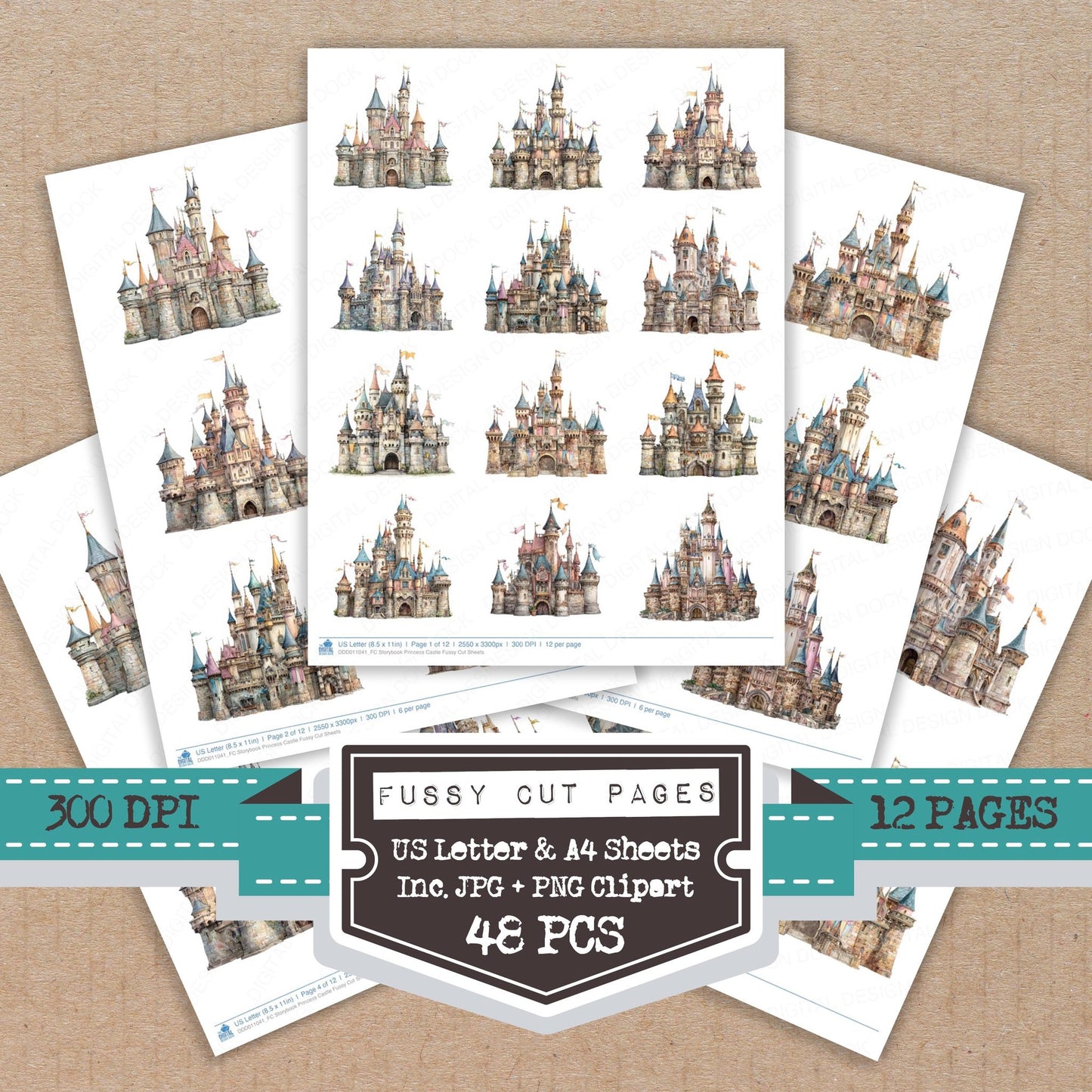 Storybook Princess Castle fussy cut printable sheets for junk journaling, scrapbooking, and paper craft projects
