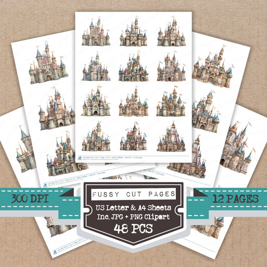 Storybook Princess Castle fussy cut printable sheets for junk journaling, scrapbooking, and paper craft projects