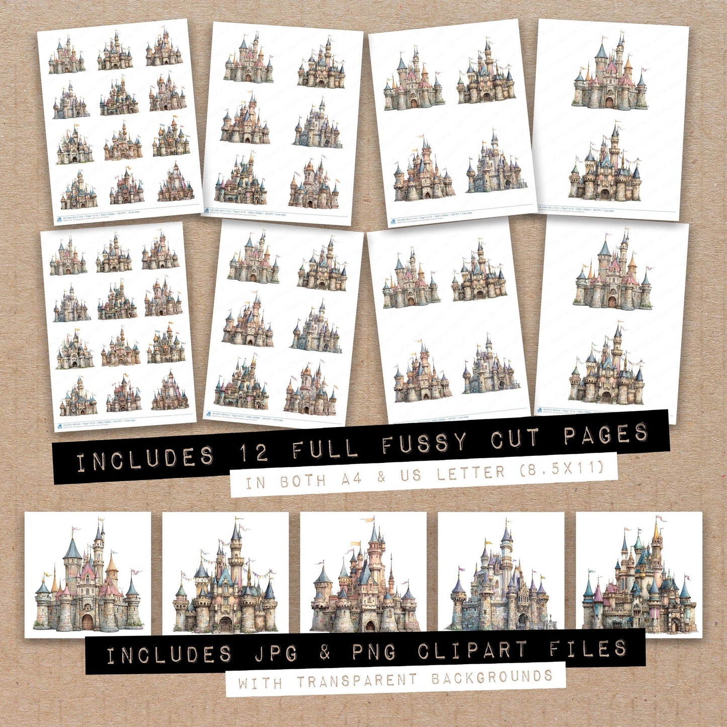 Full collection view of Storybook Princess Castle fussy cut sheets with bonus clipart JPG and PNG files