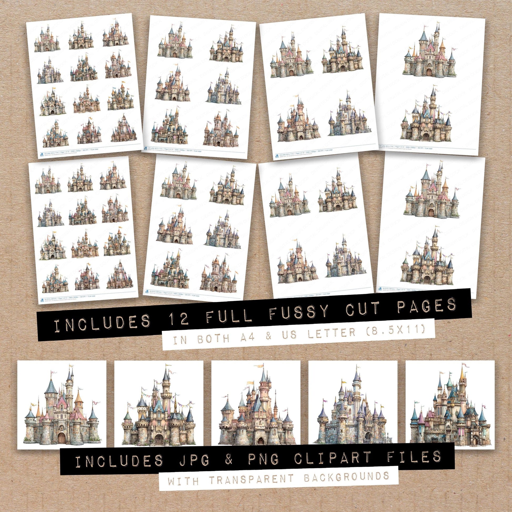 Full collection view of Storybook Princess Castle fussy cut sheets with bonus clipart JPG and PNG files