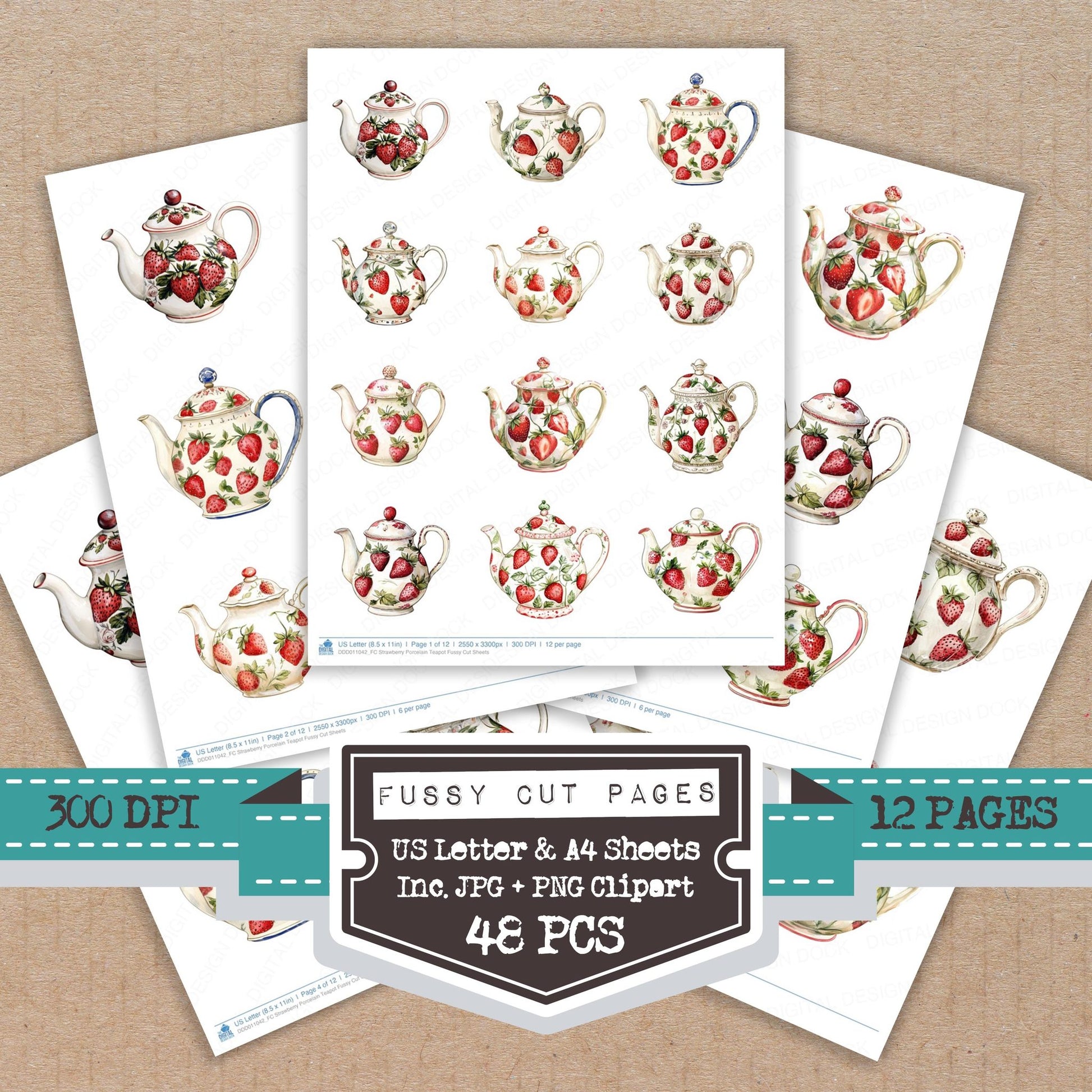 Strawberry Porcelain Teapot fussy cut printable sheets for junk journaling, scrapbooking, and paper craft projects