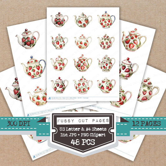 Strawberry Porcelain Teapot fussy cut printable sheets for junk journaling, scrapbooking, and paper craft projects
