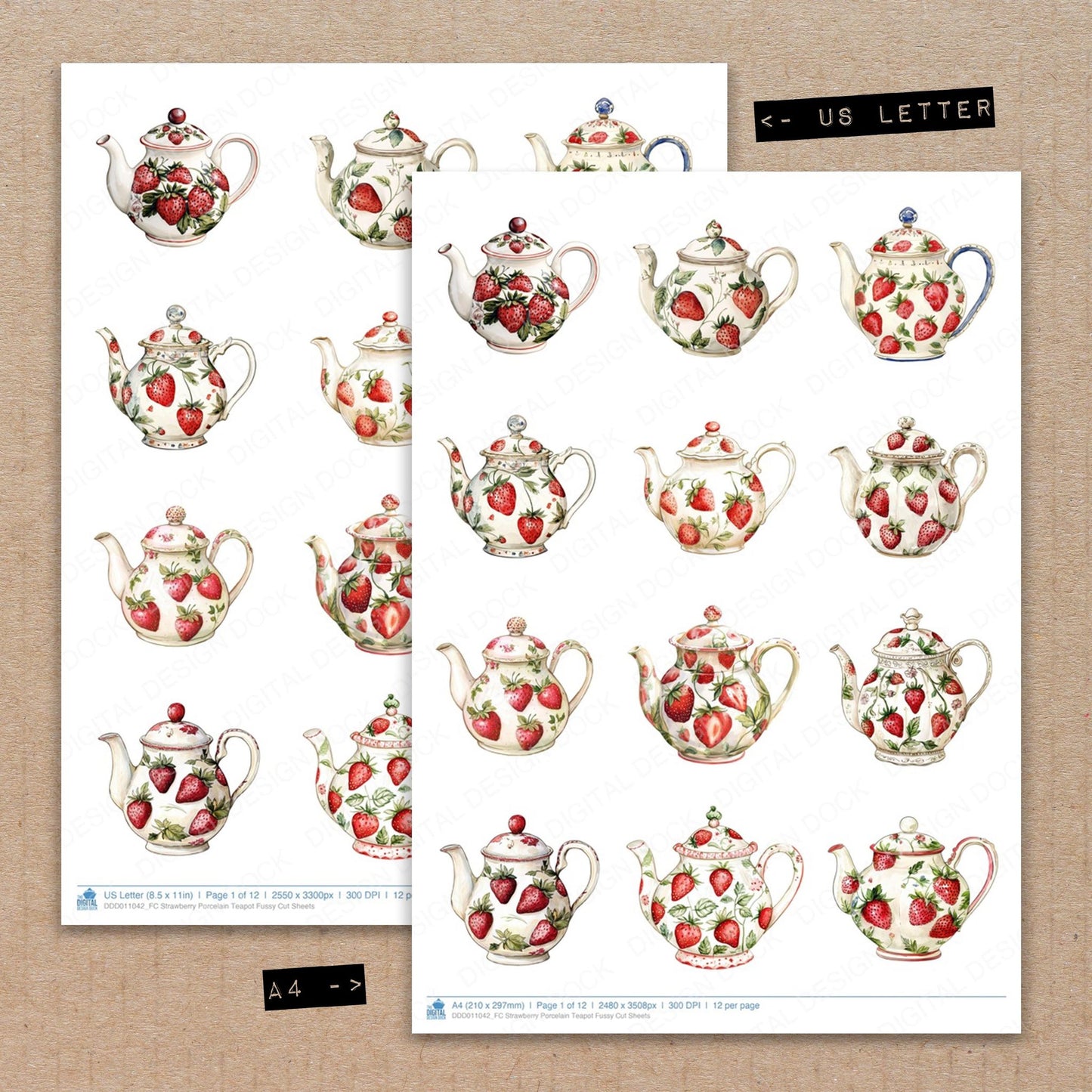 A4 and US Letter format comparison showing Strawberry Porcelain Teapot fussy cut pages for print and cut crafting