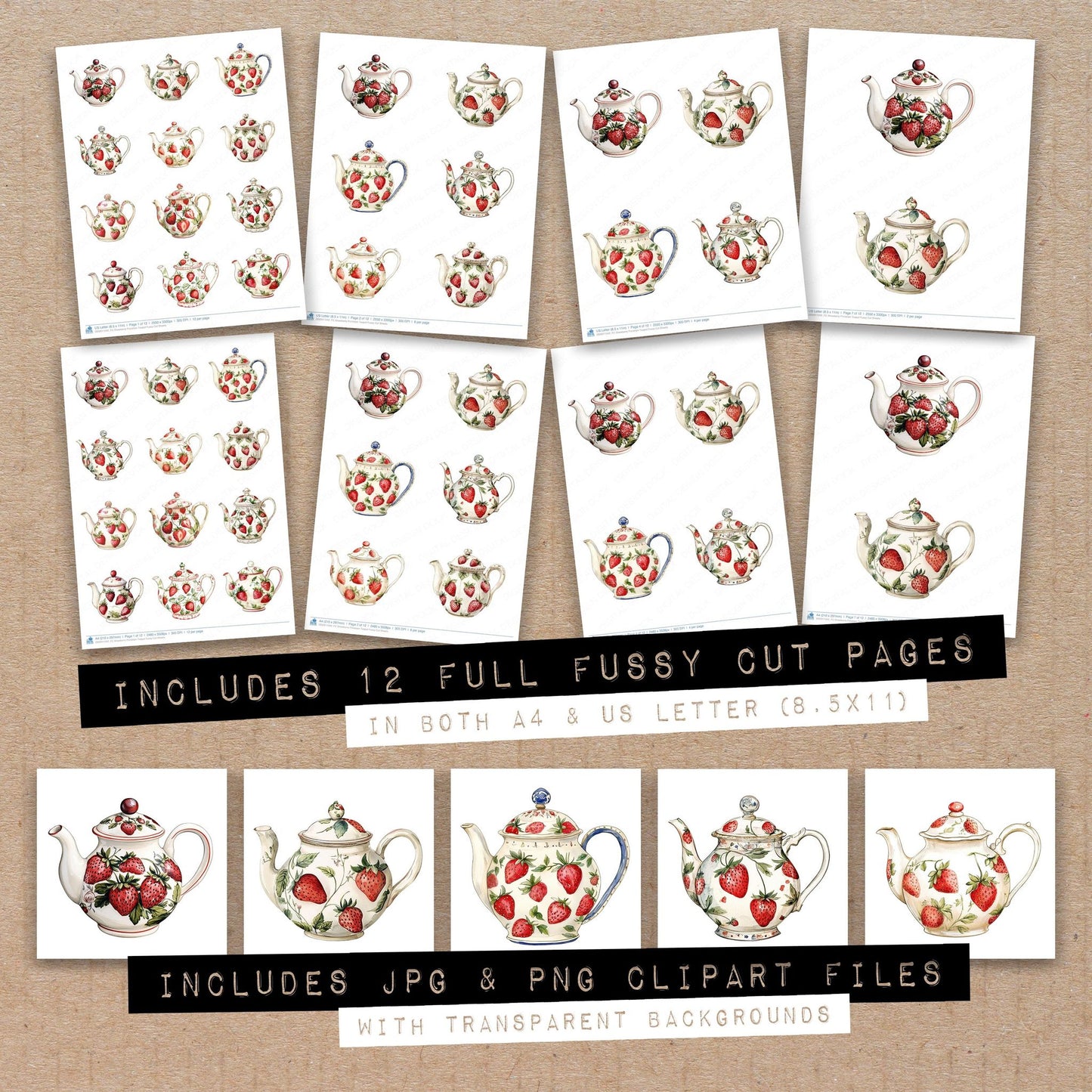 Full collection view of Strawberry Porcelain Teapot fussy cut sheets with bonus clipart JPG and PNG files