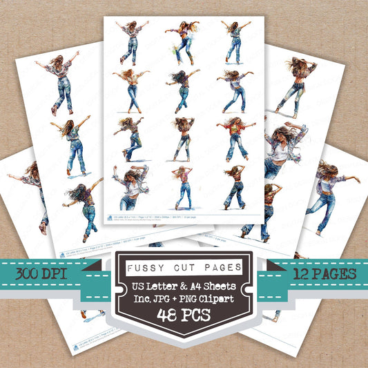 Street Dancing Woman fussy cut printable sheets for junk journaling, scrapbooking, and paper craft projects
