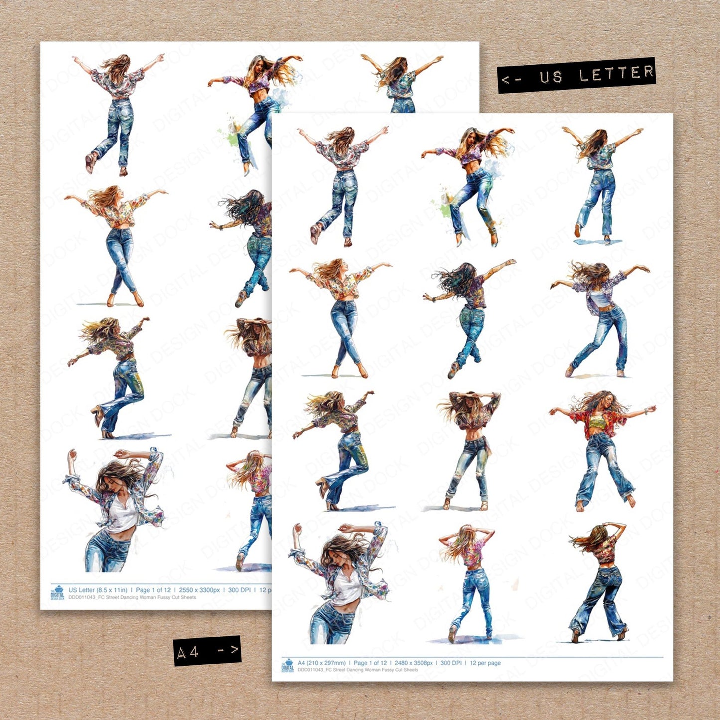 A4 and US Letter format comparison showing Street Dancing Woman fussy cut pages for print and cut crafting