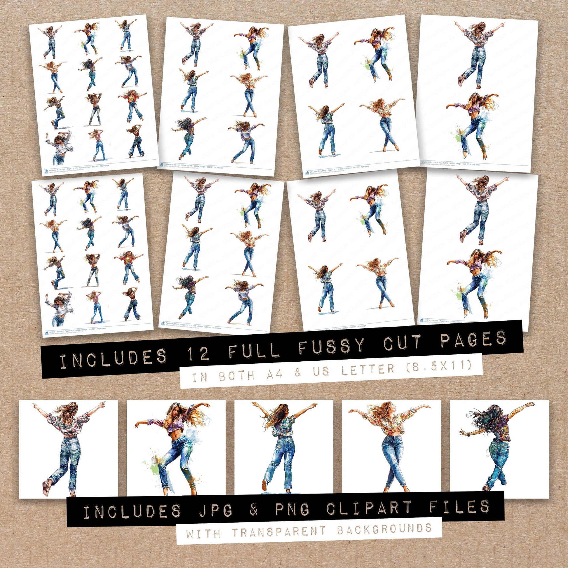 Full collection view of Street Dancing Woman fussy cut sheets with bonus clipart JPG and PNG files