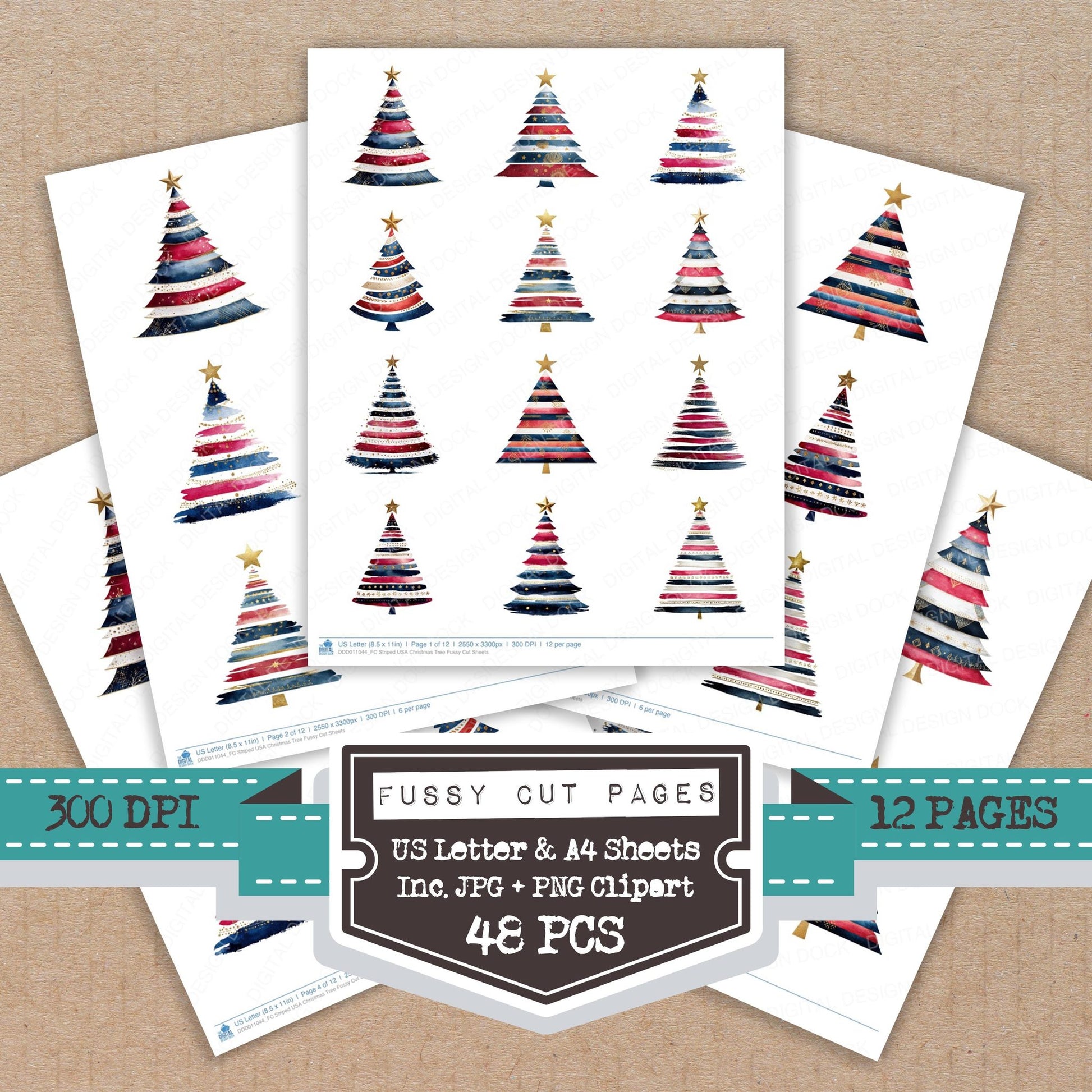 Striped USA Christmas Tree fussy cut printable sheets for junk journaling, scrapbooking, and paper craft projects